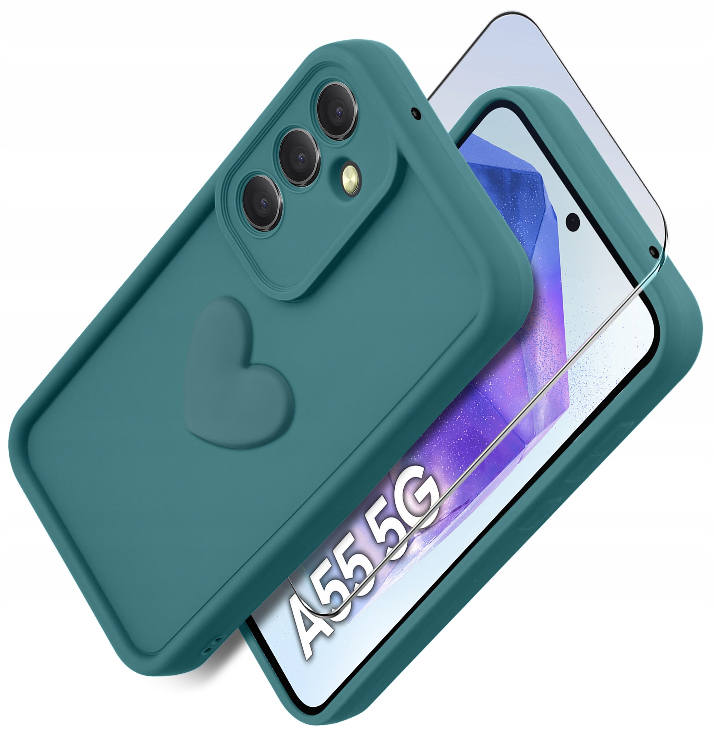 Zdjęcie przedstawia silikonowe etui do telefonu Samsung A55 5G w kolorze zielonym z wytłoczonym sercem oraz szkło ochronne na ekran. Na ekranie telefonu widoczny jest napis \'A55 5G\'.
