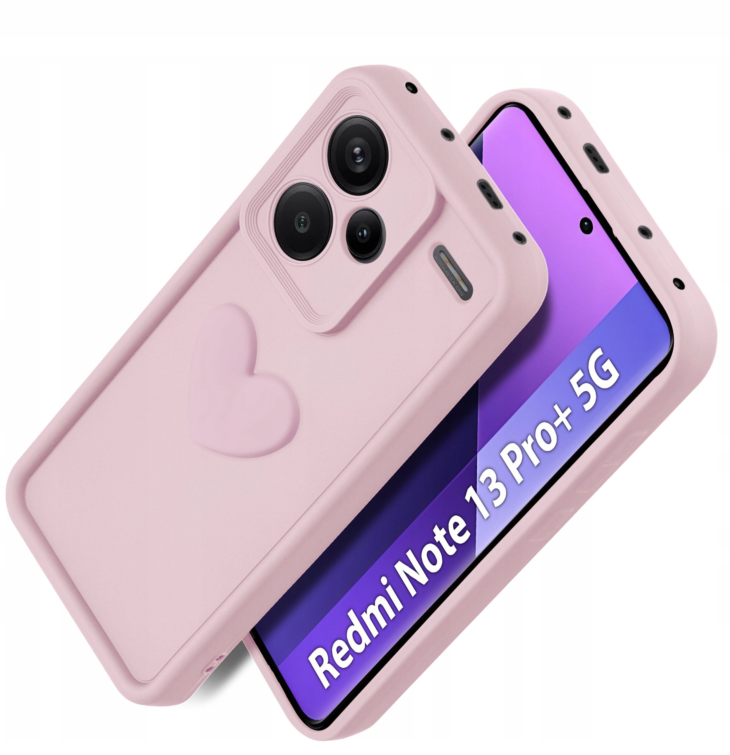 Różowe silikonowe etui z wytłoczonym sercem, przeznaczone dla Xiaomi Redmi Note 13 Pro+ 5G, z widocznym napisem \'Redmi Note 13 Pro+ 5G\' na ekranie telefonu.