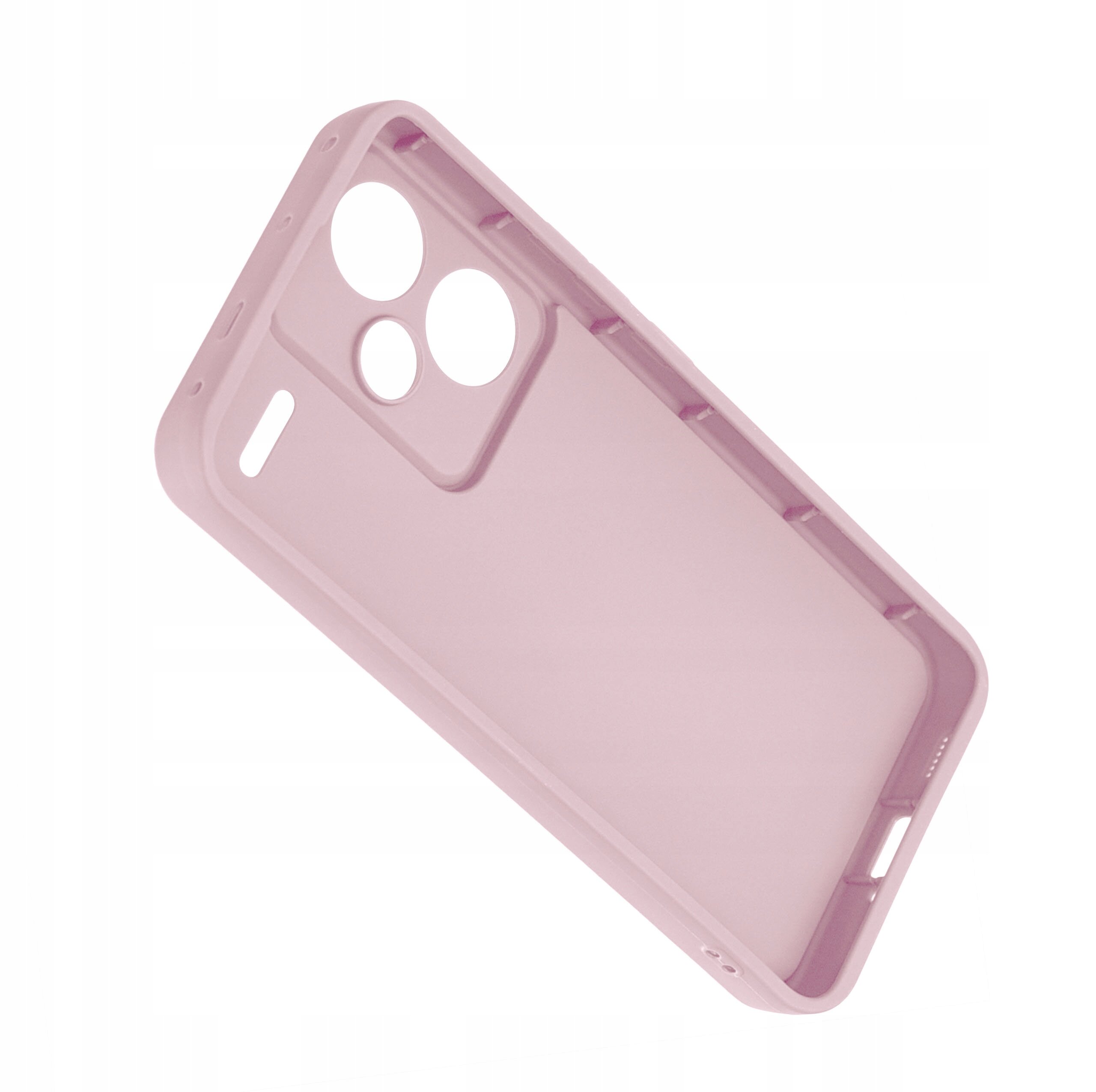 Różowe, silikonowe etui na telefon z wycięciami na aparat i przyciski. Etui ma matowe wykończenie.