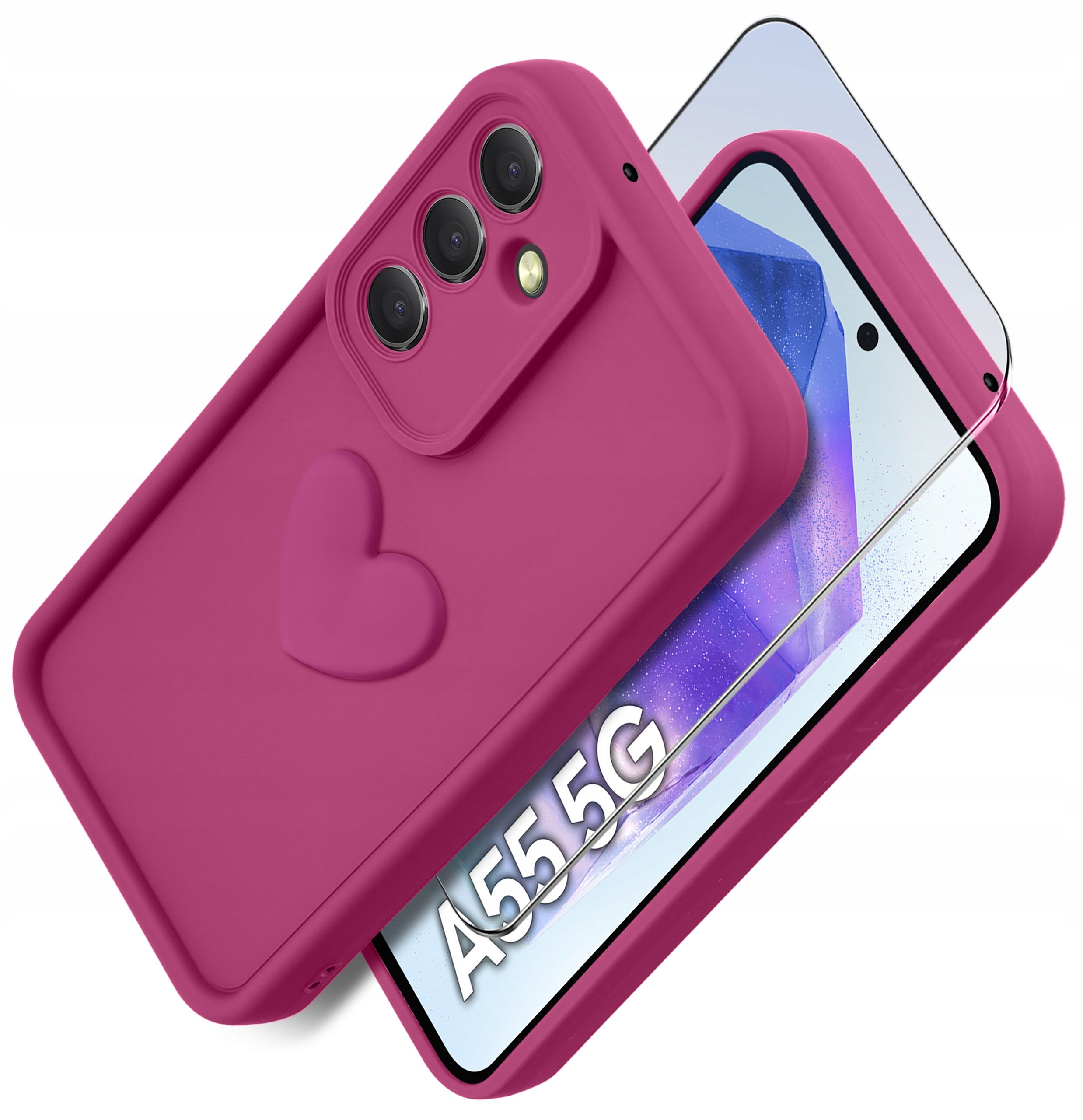 Na zdjęciu widoczne jest różowe silikonowe etui z wytłoczonym sercem oraz szkło ochronne na ekran telefonu z napisem \'A55 5G\'.