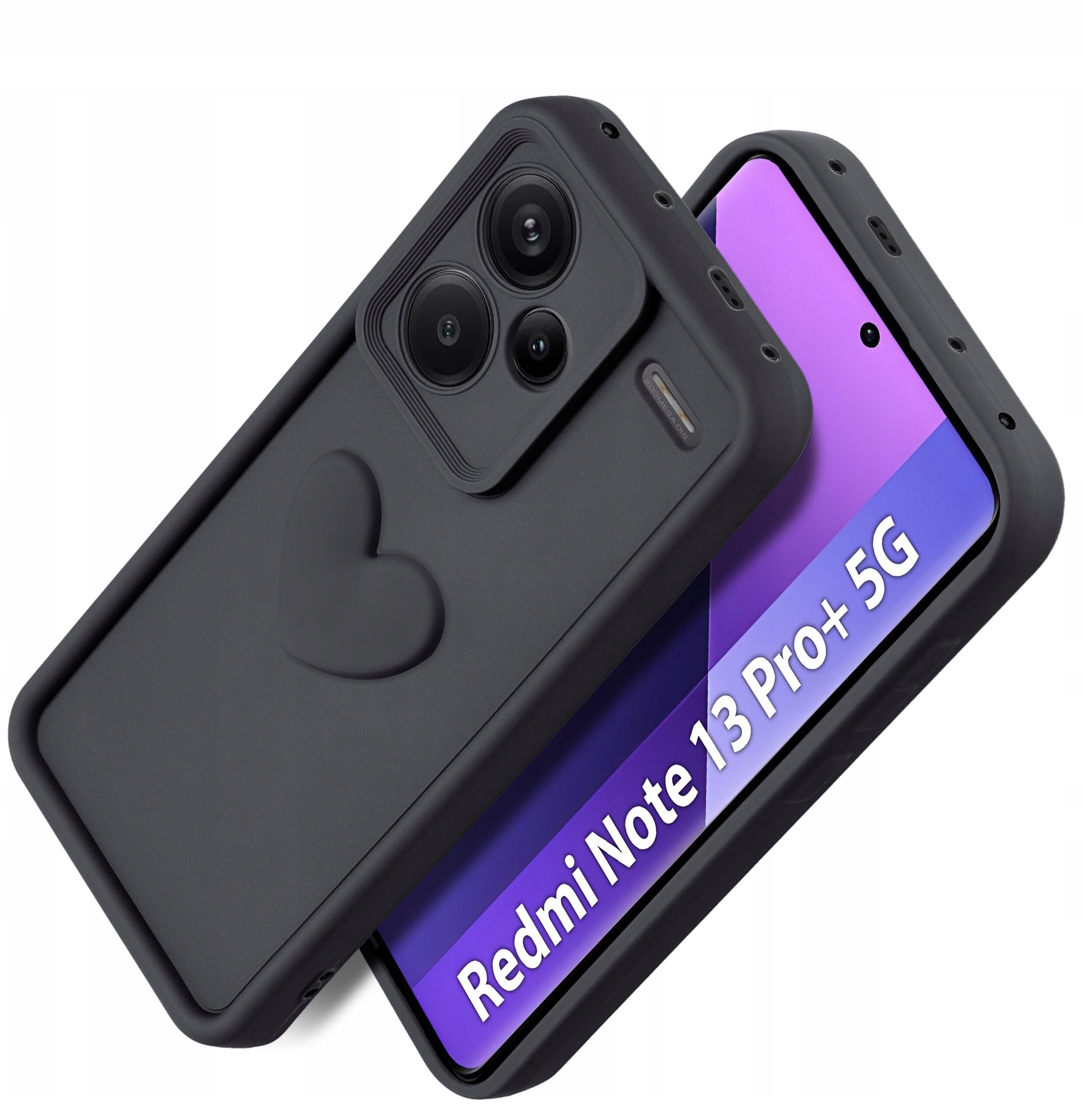 Czarne silikonowe etui z matowym wykończeniem i wytłoczonym sercem, przeznaczone dla Xiaomi Redmi Note 13 Pro+ 5G, z widocznym napisem \'Redmi Note 13 Pro+ 5G\' na ekranie telefonu.