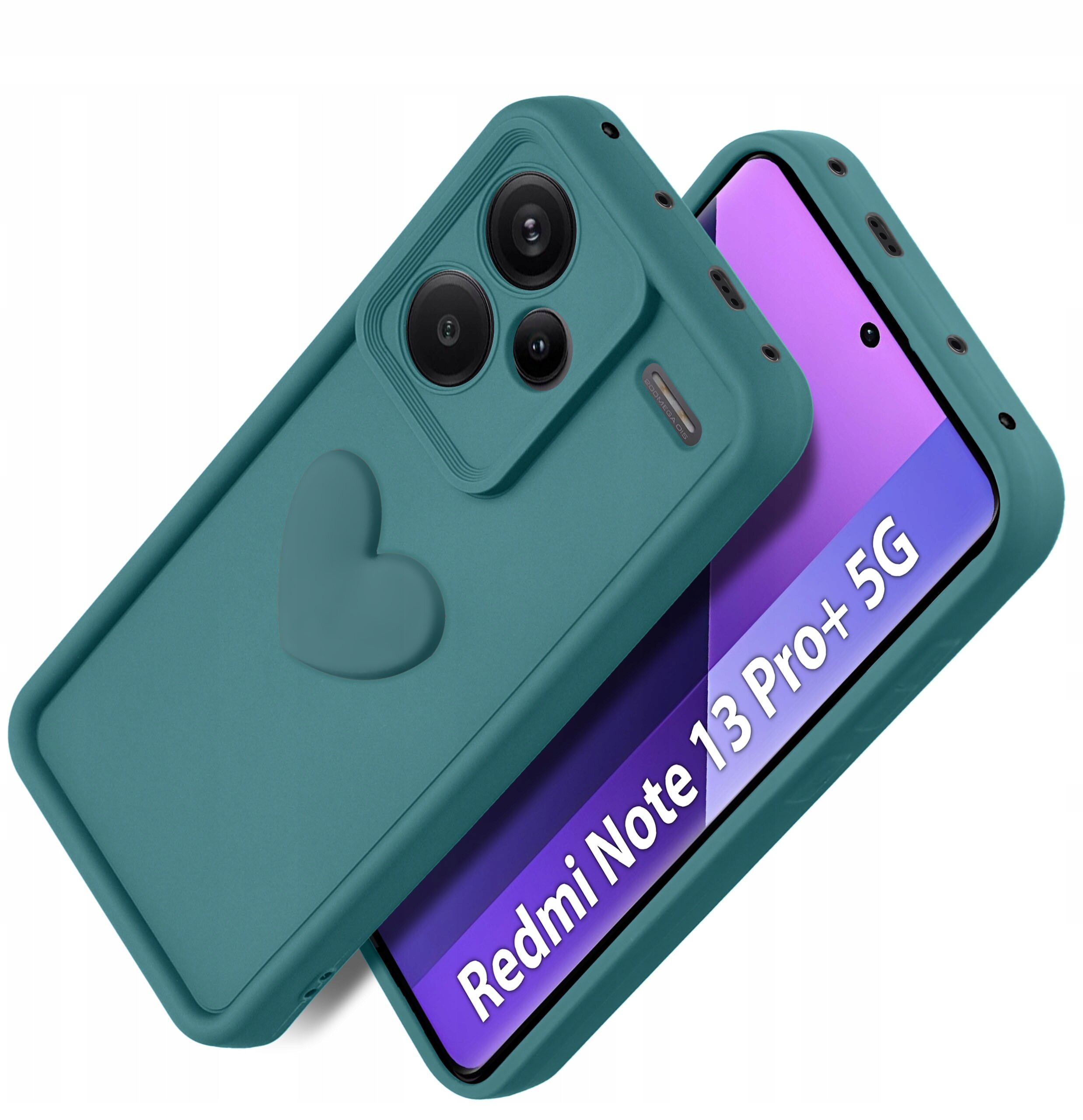 Silikonowe matowe etui do Xiaomi Redmi Note 13 Pro+ Plus 5G w kolorze zielonym z wytłoczonym sercem, obok telefonu z wyświetlaczem pokazującym napis \'Redmi Note 13 Pro+ 5G\'.