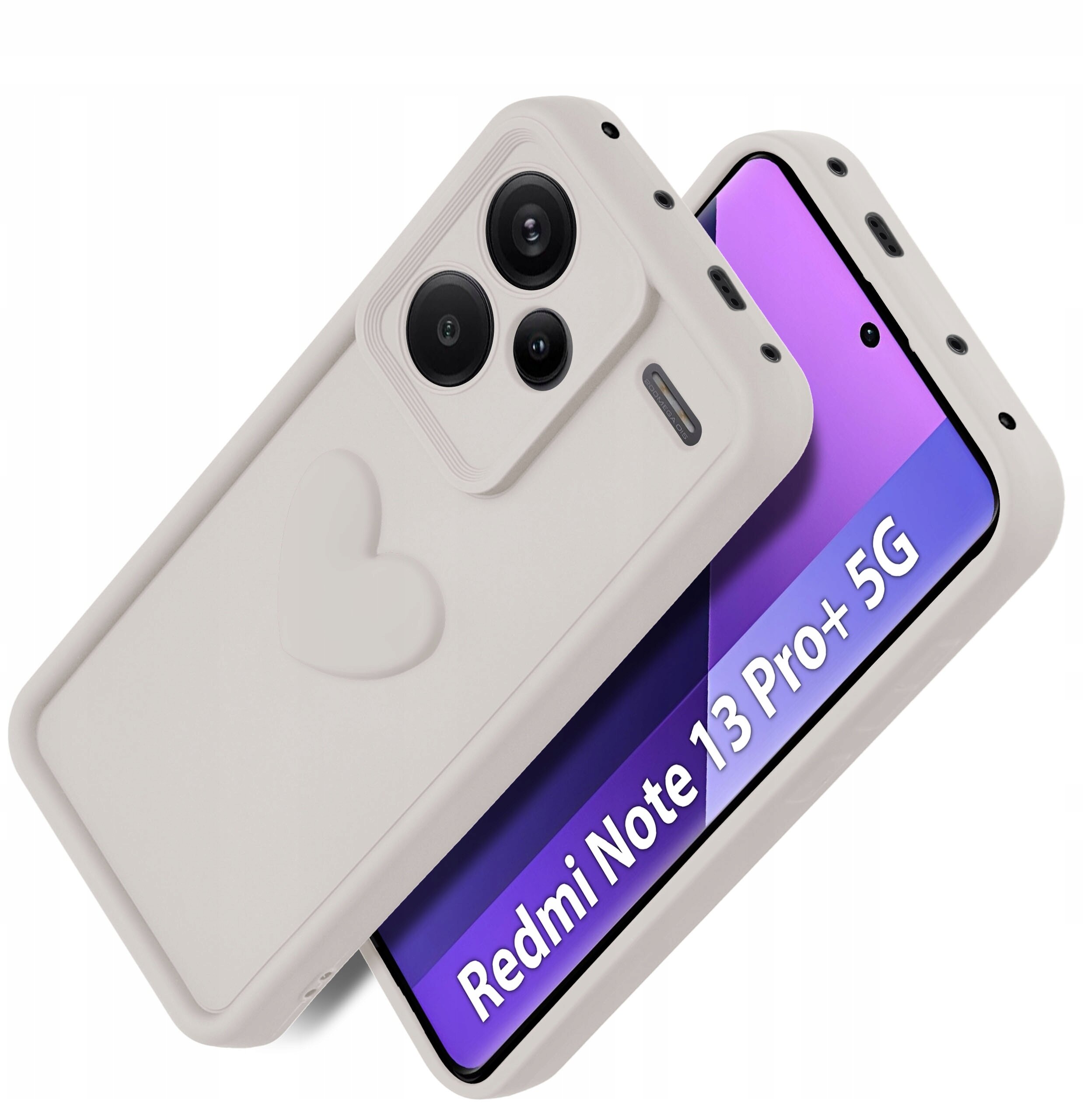 Na zdjęciu widoczne jest silikonowe etui z matowym wykończeniem i wytłoczonym sercem, przeznaczone dla Xiaomi Redmi Note 13 Pro+ 5G. Na ekranie telefonu znajduje się napis \'Redmi Note 13 Pro+ 5G\'.