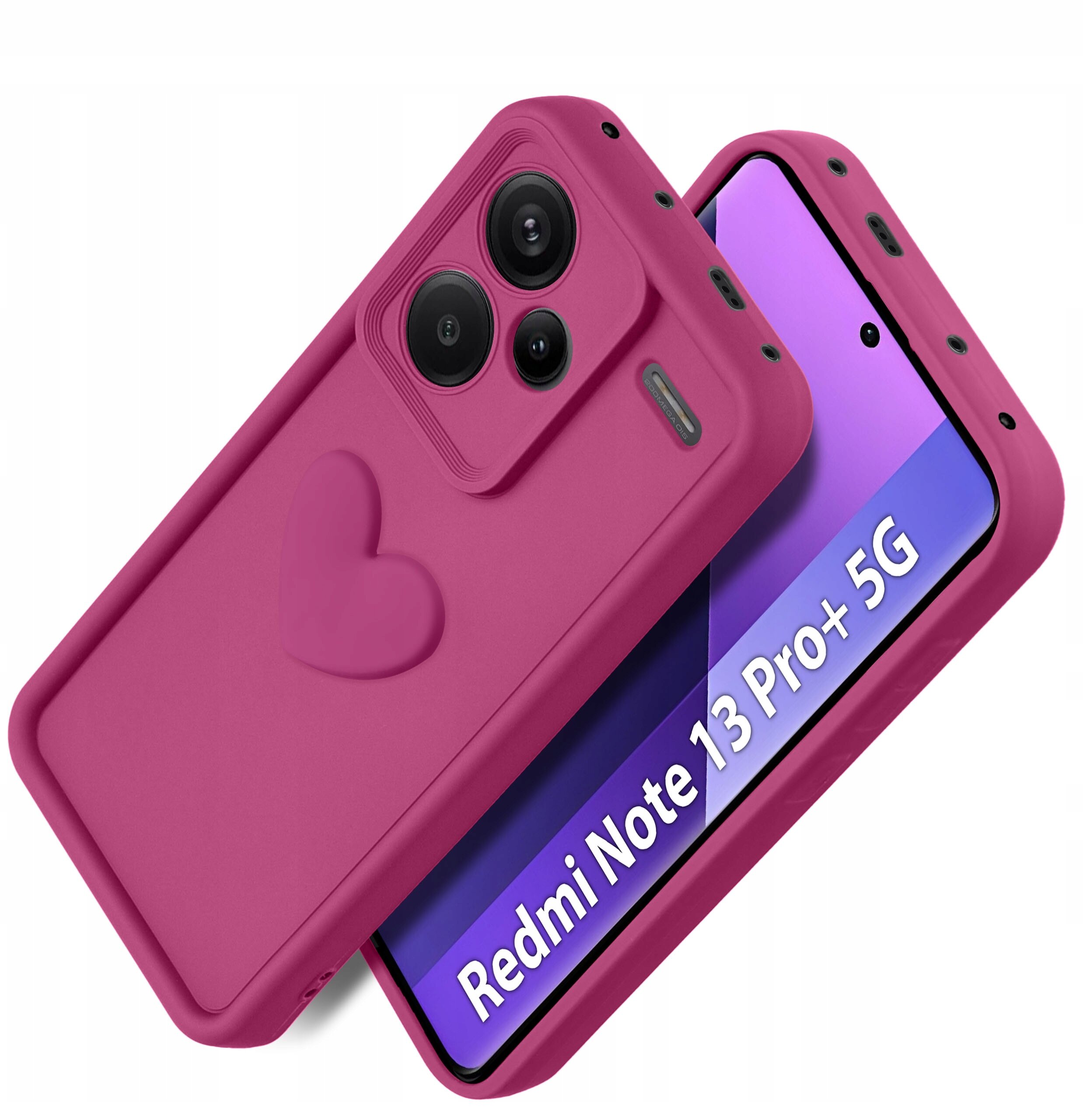 Silikonowe, matowe etui w kolorze różowym z wytłoczonym sercem, przeznaczone dla Xiaomi Redmi Note 13 Pro+ 5G, z widocznym napisem \'Redmi Note 13 Pro+ 5G\' na ekranie telefonu.