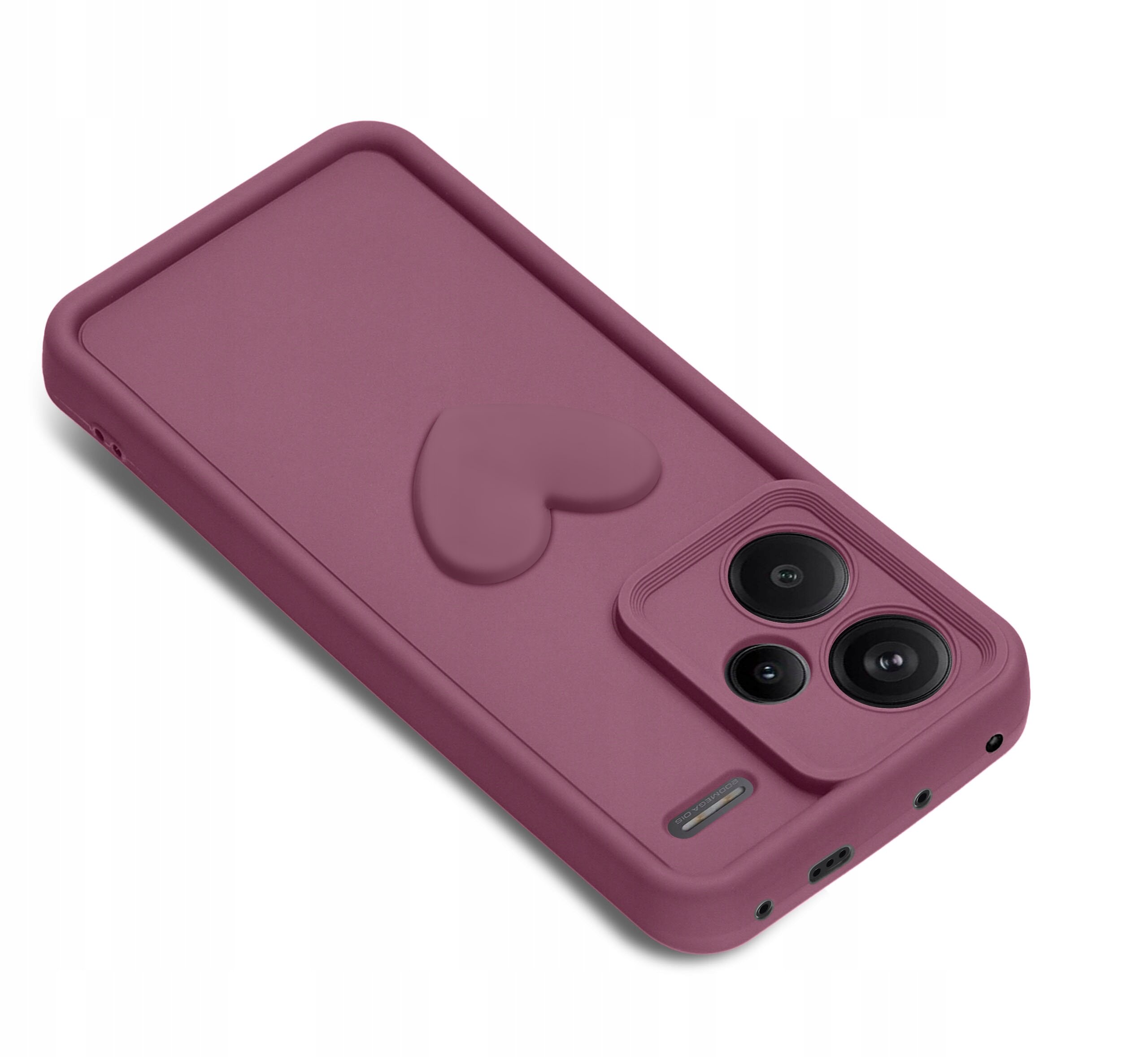 Silikonowe etui w kolorze bordowym z matowym wykończeniem, posiada wypukły kształt serca oraz otwory na trzy obiektywy aparatu. Etui jest przeznaczone do telefonu Xiaomi Redmi Note 13 Pro+ Plus 5G.