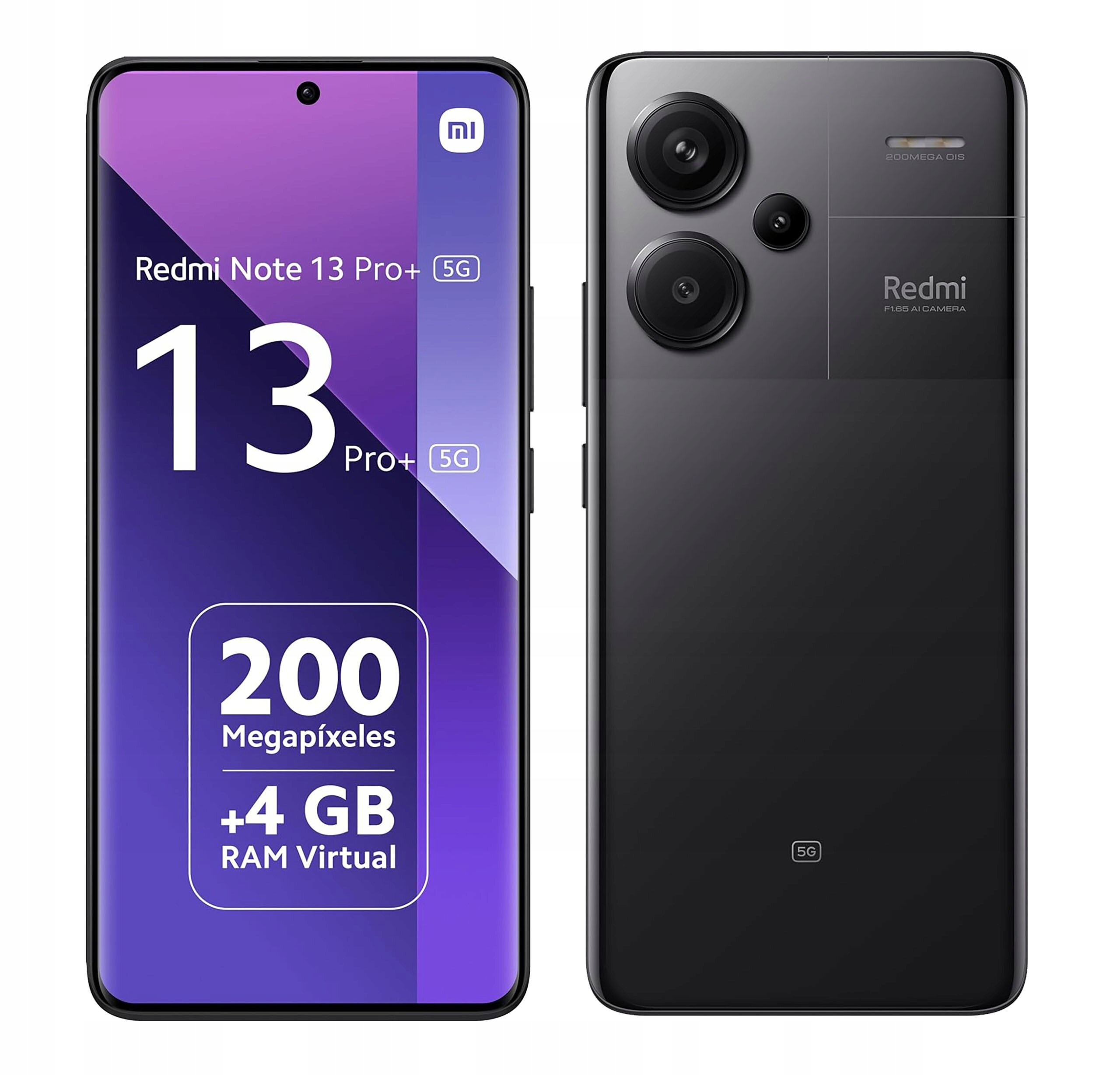 Na zdjęciu widoczny jest smartfon z przodu i z tyłu, z wyświetlaczem pokazującym tekst: \'Redmi Note 13 Pro+ 5G\', \'13 Pro+\', \'200 Megapixels\', \'+4 GB RAM Virtual\'.