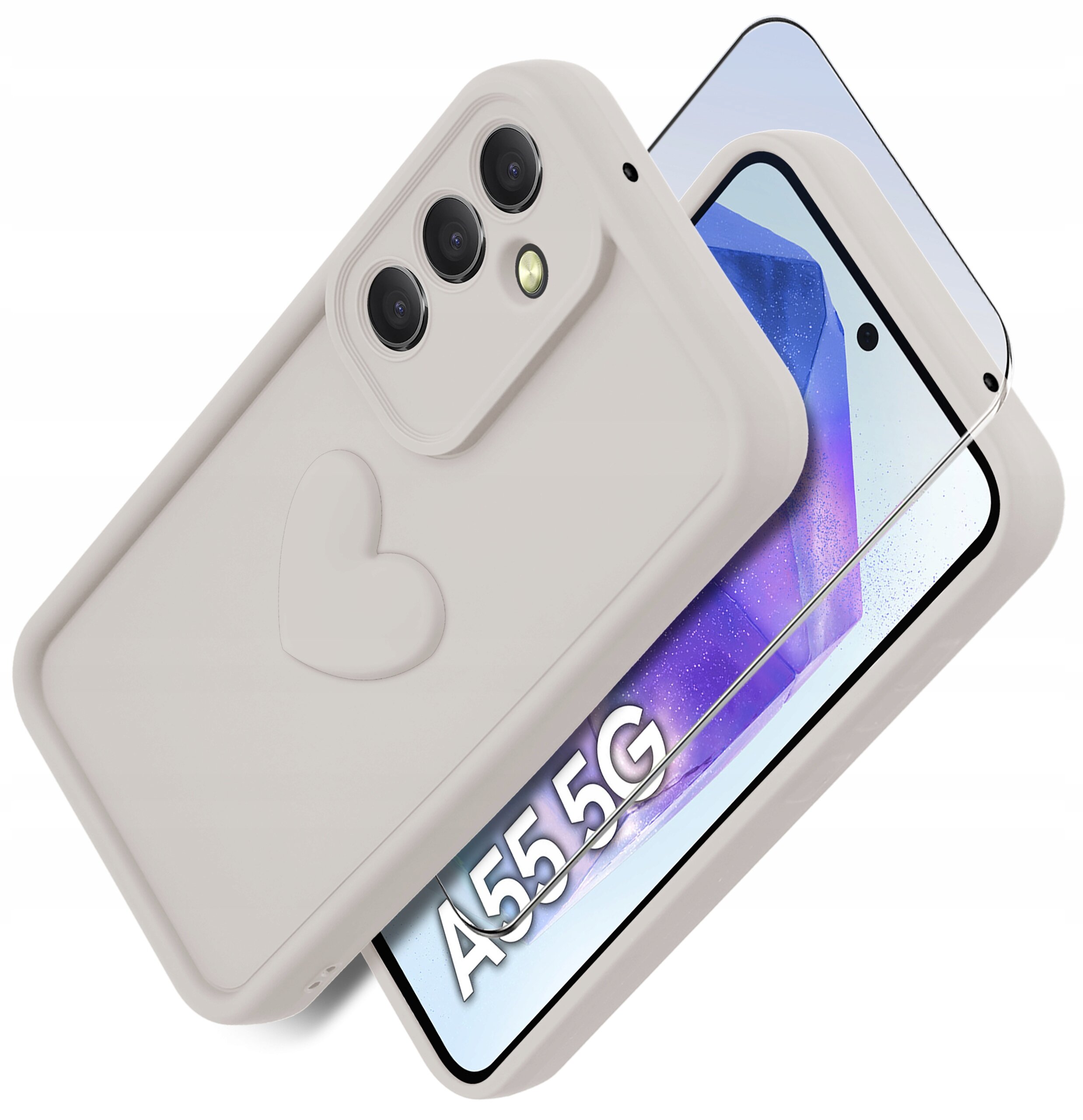 Na zdjęciu widoczne jest silikonowe etui do telefonu Samsung A55 5G oraz szkło ochronne na ekran, z napisem \'A55 5G\' na ekranie telefonu.
