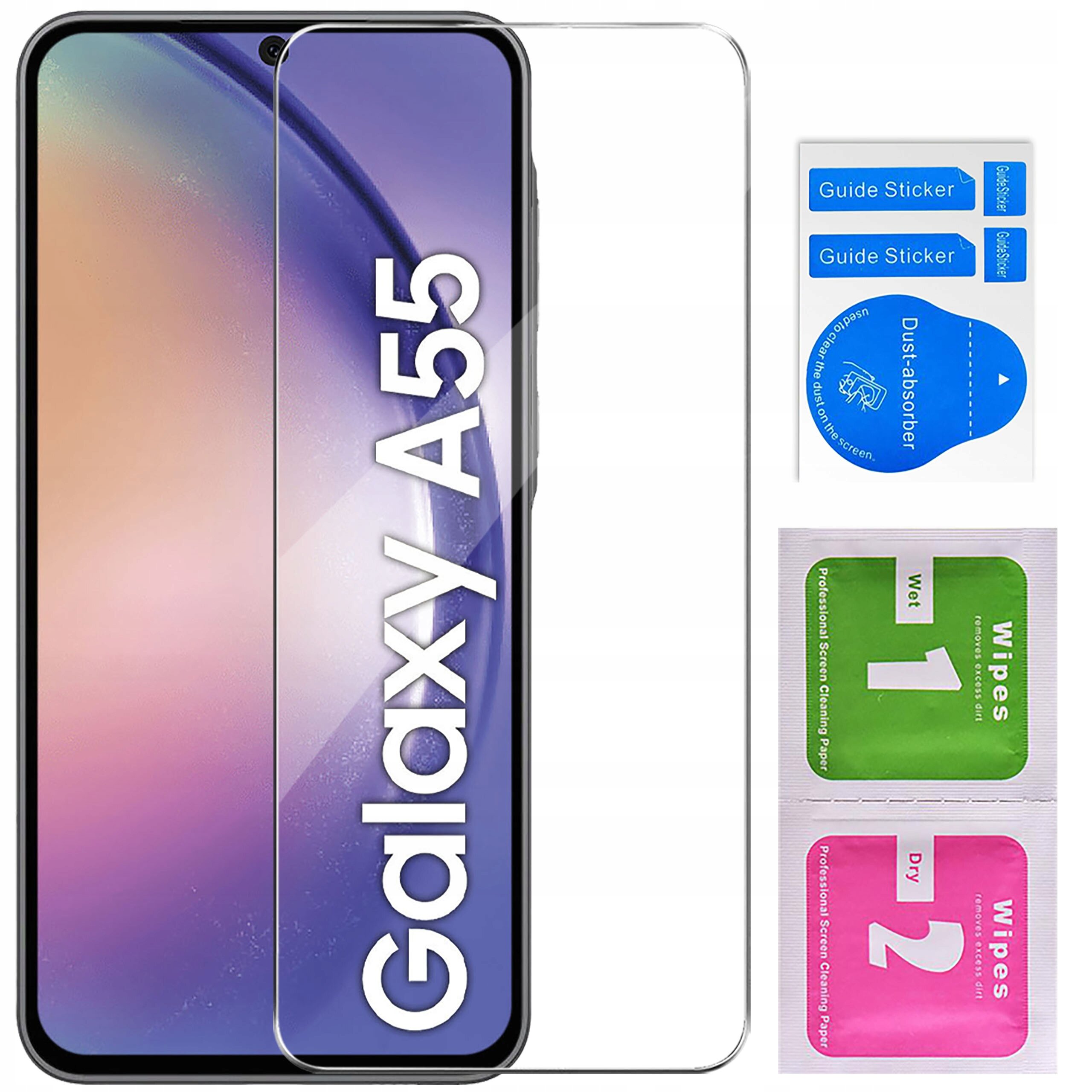 Na zdjęciu widoczny jest telefon z nałożonym szkłem ochronnym, obok którego znajdują się naklejki \'Guide Sticker\' i \'Dust-absorber\', oraz dwie saszetki \'Wet\' i \'Dry\' do czyszczenia ekranu. Na ekranie telefonu widoczny jest napis \'Galaxy A55\'.
