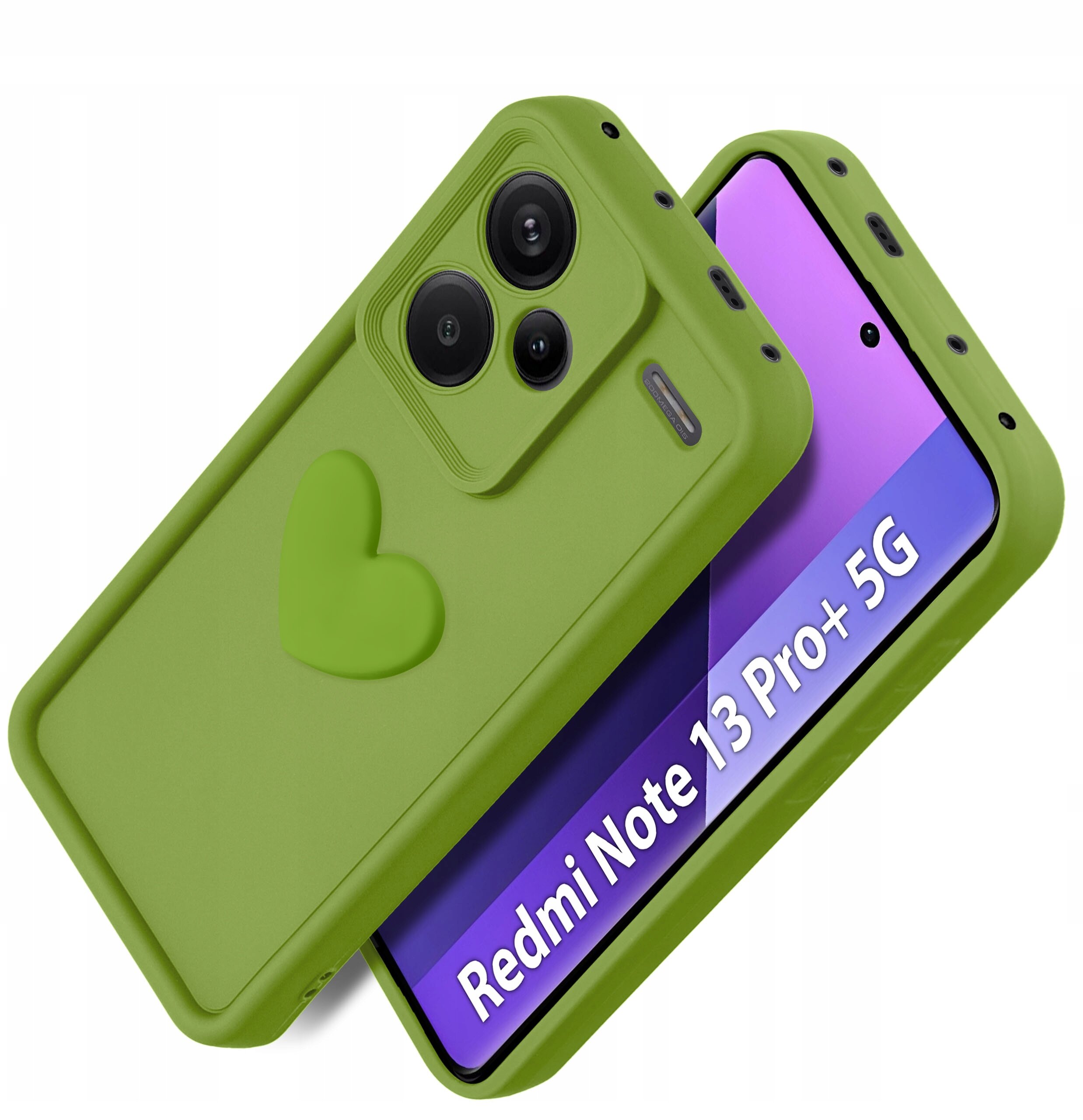 Zielone silikonowe etui z wytłoczonym sercem, przeznaczone dla Xiaomi Redmi Note 13 Pro+ 5G, z widocznym napisem \'Redmi Note 13 Pro+ 5G\' na ekranie telefonu.