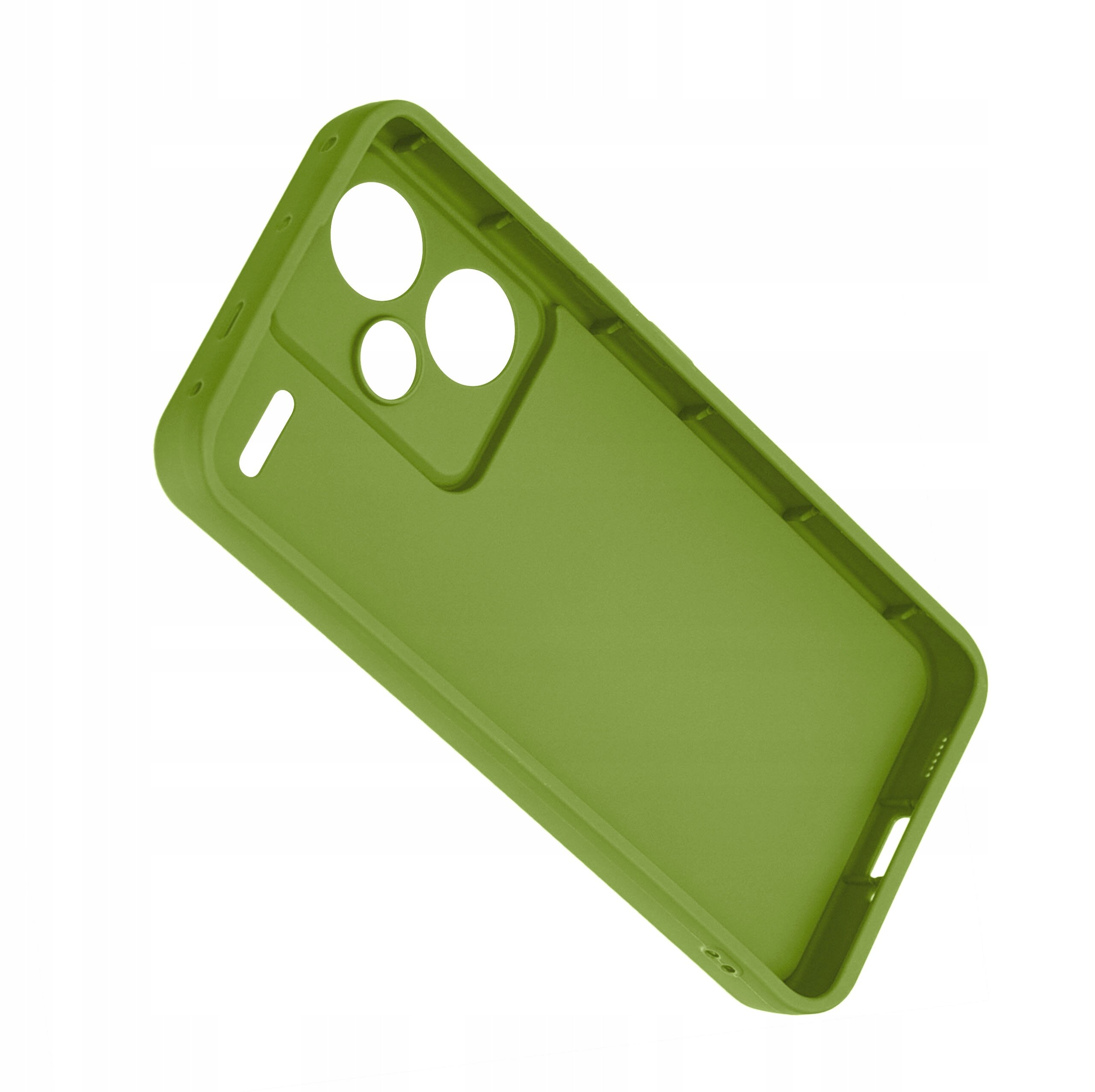 Zielone, silikonowe etui na telefon z trzema otworami na aparat i dodatkowymi wycięciami na przyciski oraz porty.