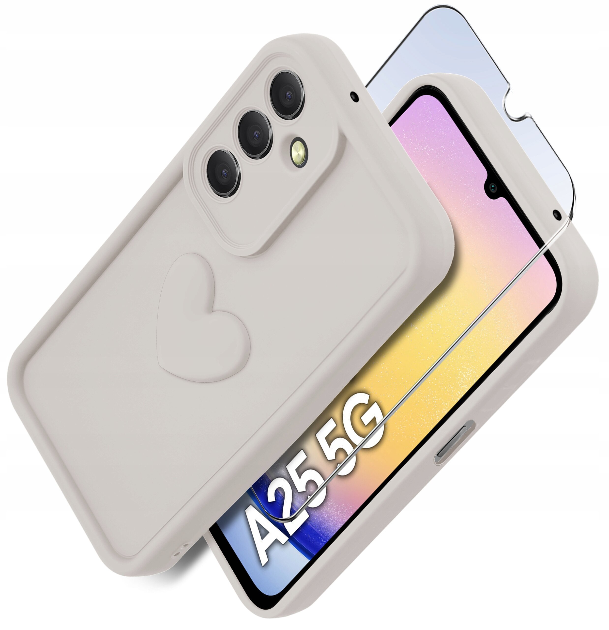 Na zdjęciu widoczne jest silikonowe etui do telefonu Samsung A25 5G oraz szkło ochronne na ekran. Na ekranie telefonu widoczny jest napis \'A25 5G\'.