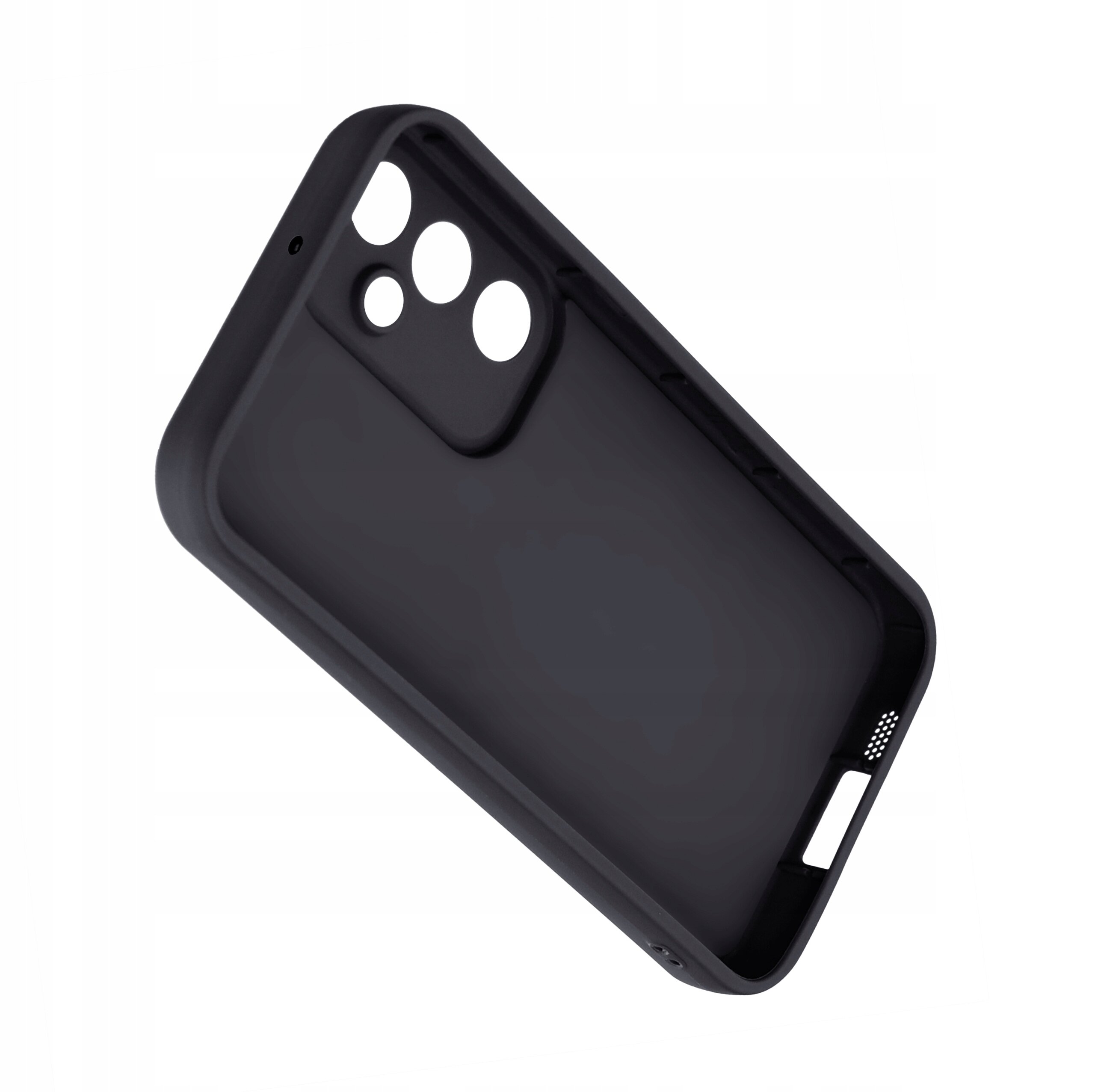 Czarne, silikonowe etui na telefon z trzema wycięciami na aparat i dodatkowymi otworami na przyciski oraz porty.