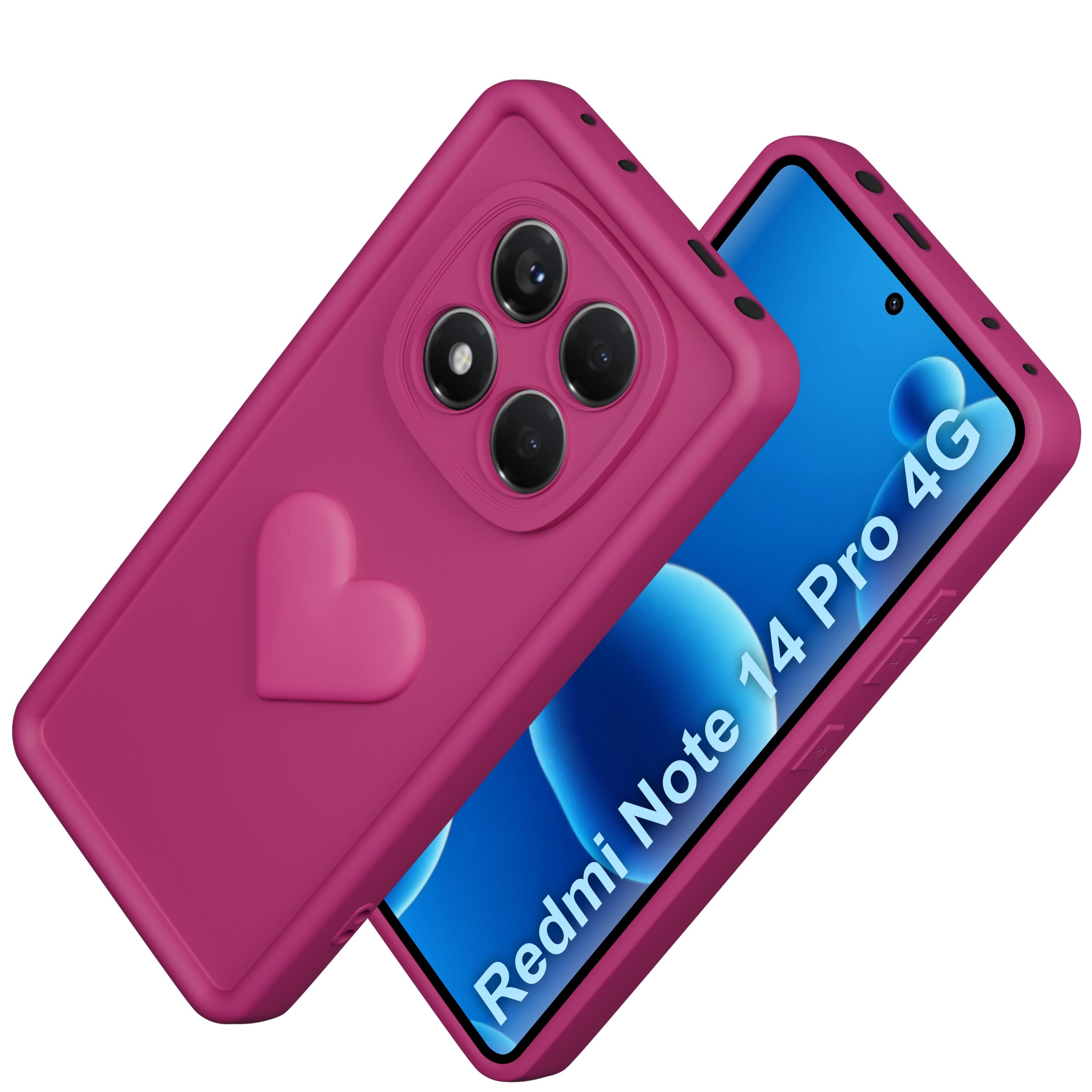 Silikonowe, matowe etui w kolorze różowym z wytłoczonym sercem, przeznaczone dla Xiaomi Redmi Note 14 Pro 4G, obok telefonu z widocznym napisem \'Redmi Note 14 Pro 4G\' na ekranie.