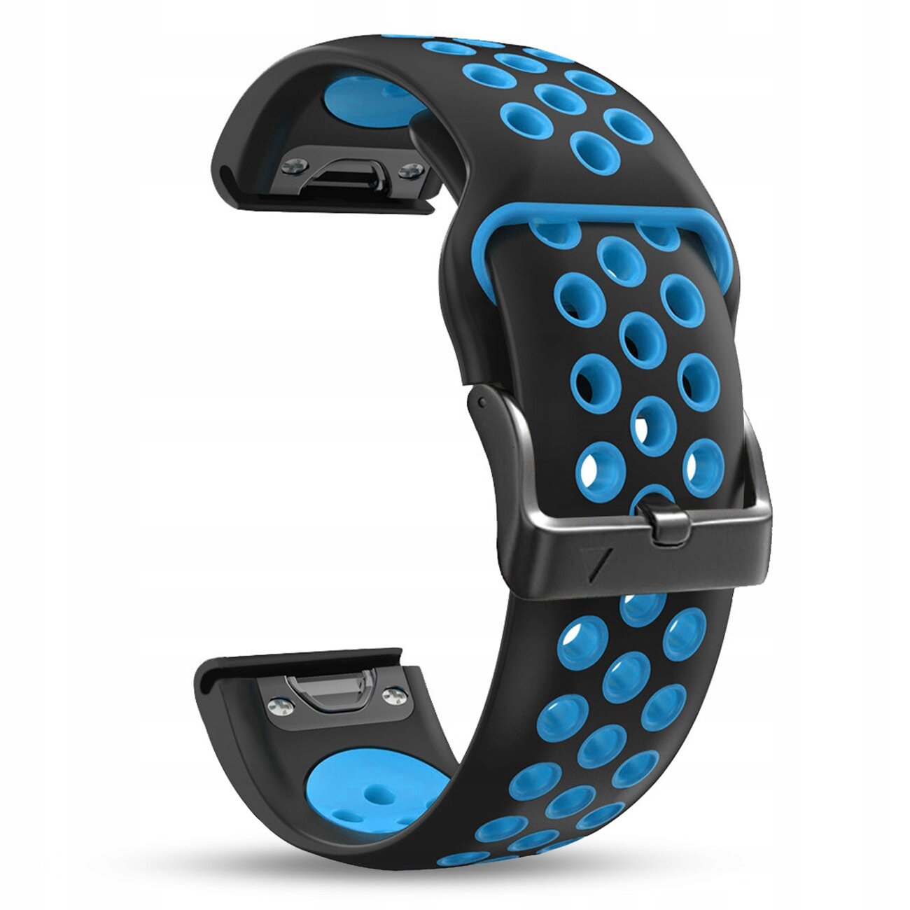 Czarny silikonowy pasek z niebieskimi otworami, przeznaczony do zegarków Garmin, z metalową klamrą i mechanizmem szybkiego montażu.