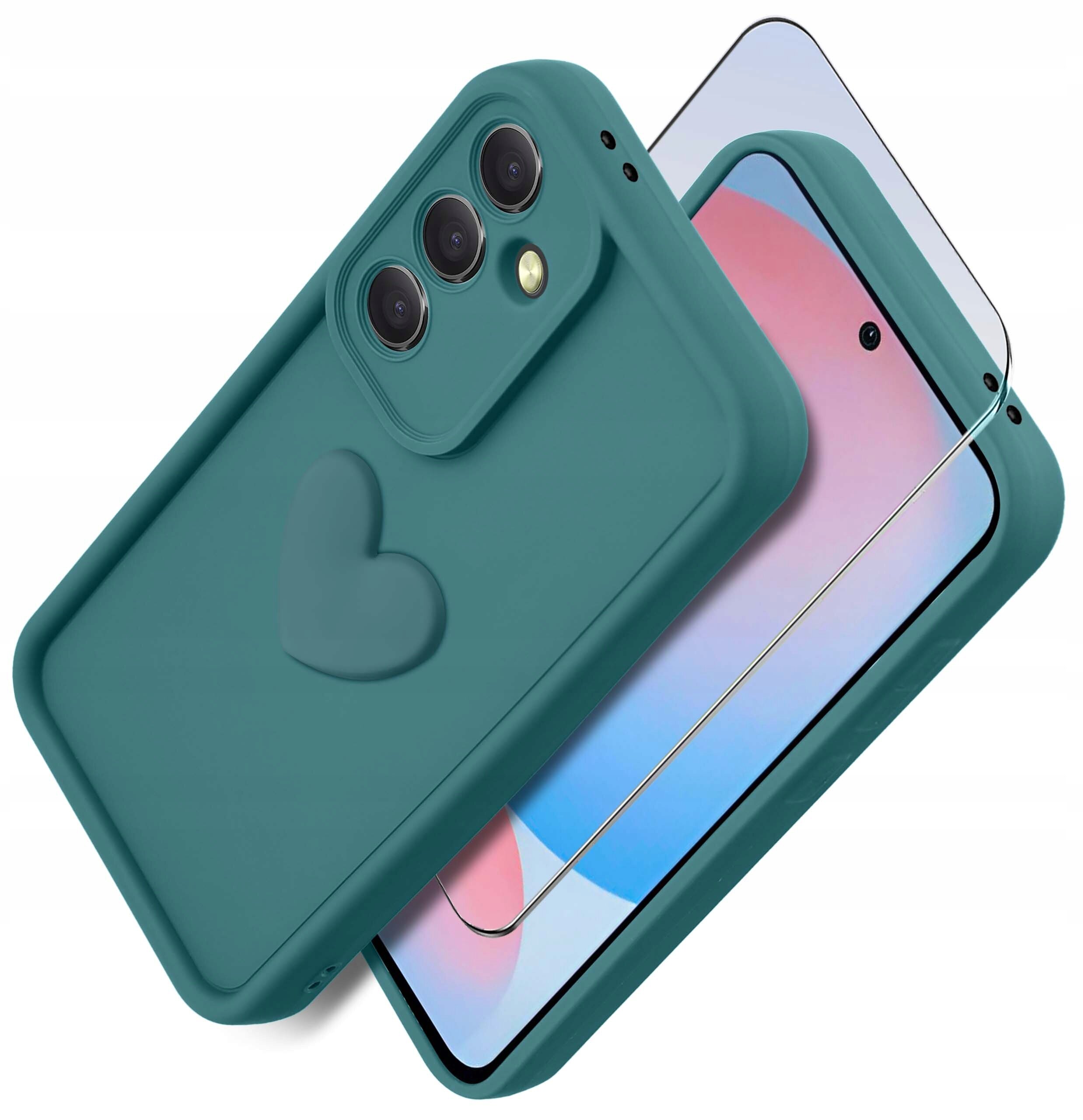 Zdjęcie przedstawia silikonowe etui do telefonu z wytłoczonym sercem oraz szkło ochronne, oba w kolorze zielonym. Etui ma wycięcia na aparat i przyciski, a szkło ochronne jest przezroczyste.