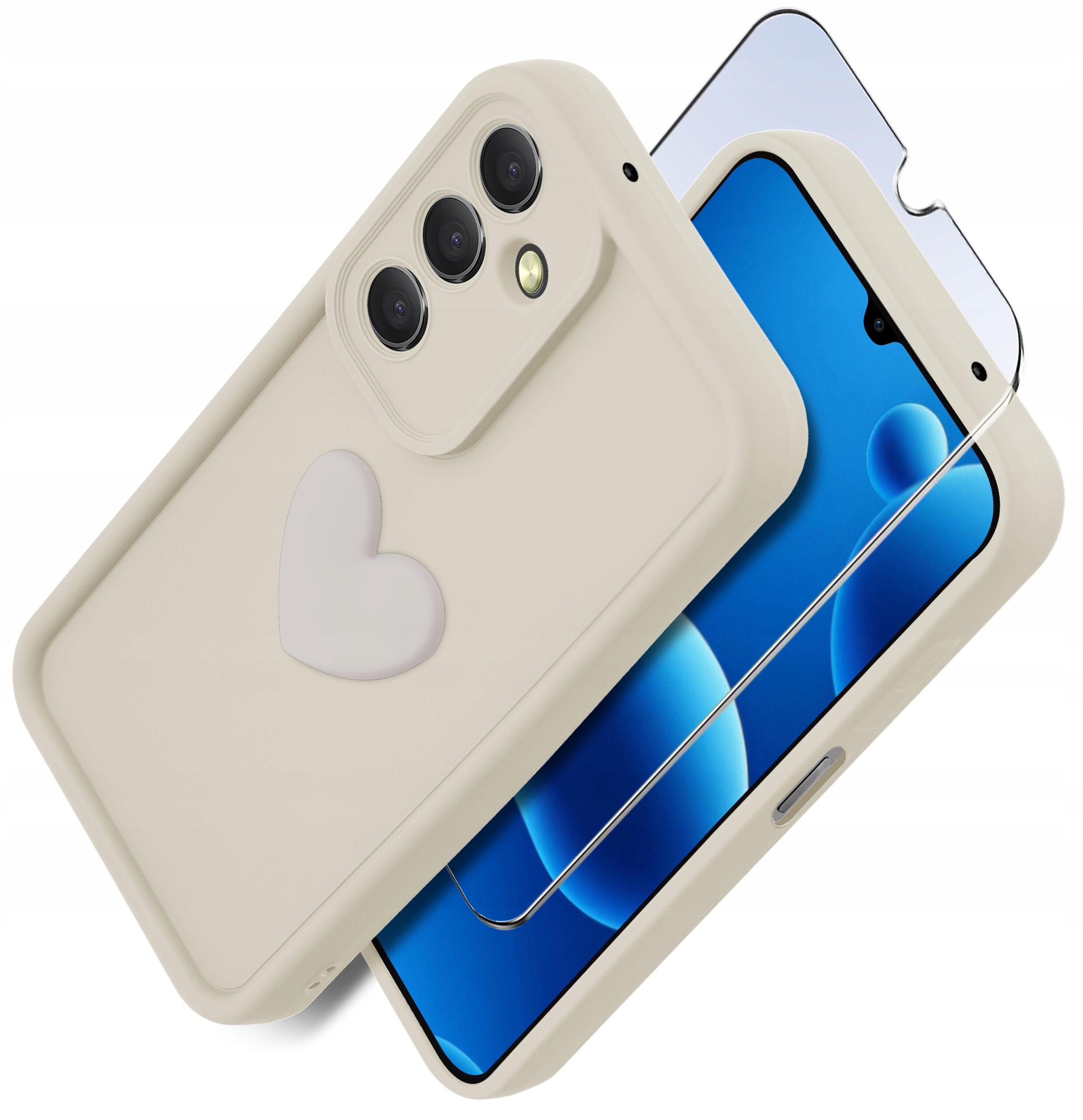 Na zdjęciu widoczne jest silikonowe etui w kolorze beżowym z motywem serca oraz szkło ochronne na ekran telefonu. Etui posiada wycięcia na aparat i przyciski, a szkło ochronne jest przezroczyste.