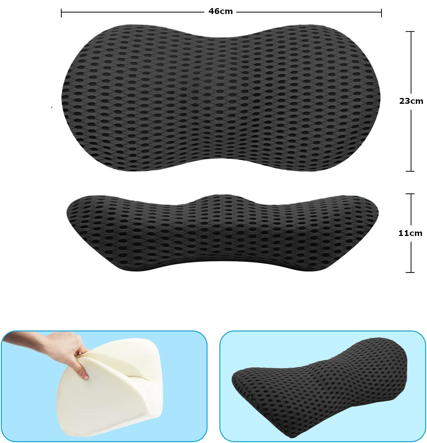 Obraz przedstawia czarną poduszkę ortopedyczną z pianki memory o wymiarach 46 cm na 23 cm i 11 cm. Na dole widać rękę trzymającą białą piankę oraz poduszkę na niebieskim tle.