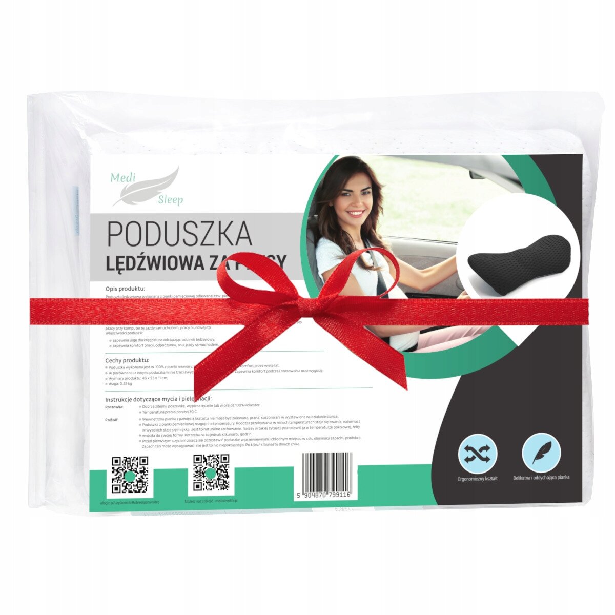 Opakowanie poduszki lędźwiowej z pianki memory marki Medi Sleep, ozdobione czerwonym kokardą. Na opakowaniu widoczna jest kobieta siedząca w samochodzie oraz zdjęcie poduszki.