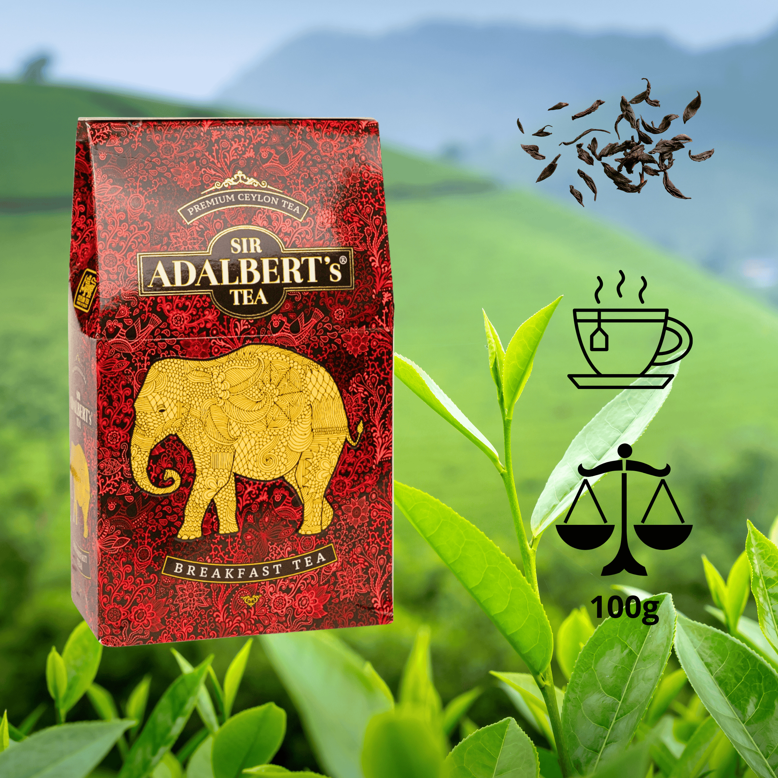 Opakowanie herbaty Sir Adalbert’s Tea z wizerunkiem złotego słonia na czerwonym tle, obok zielone liście herbaty i symbole filiżanki oraz wagi z napisem \'100g\'.