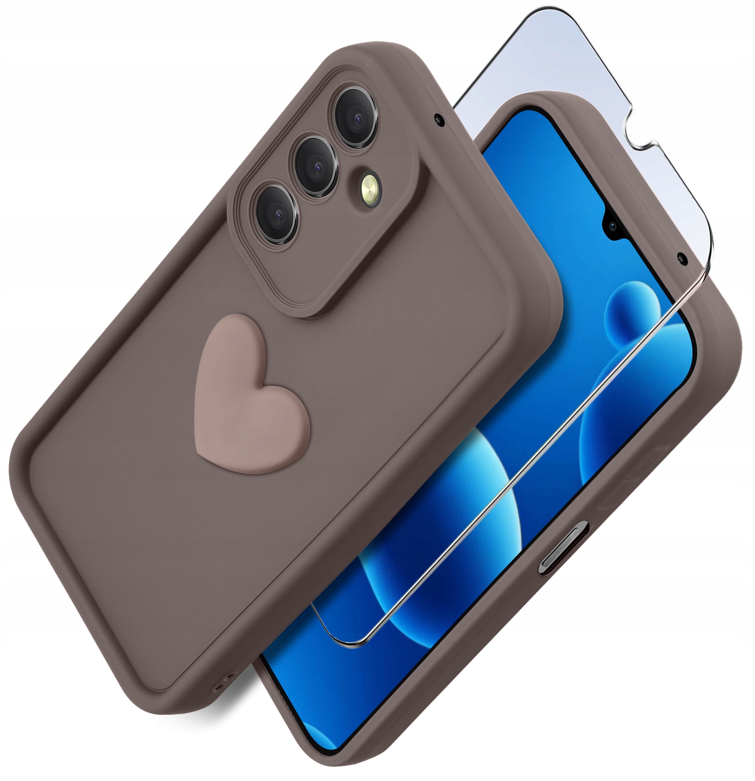 Na zdjęciu znajduje się silikonowe etui do telefonu z matowym wykończeniem i wzorem serca, obok którego leży szkło ochronne. Produkt jest przedstawiony na białym tle.
