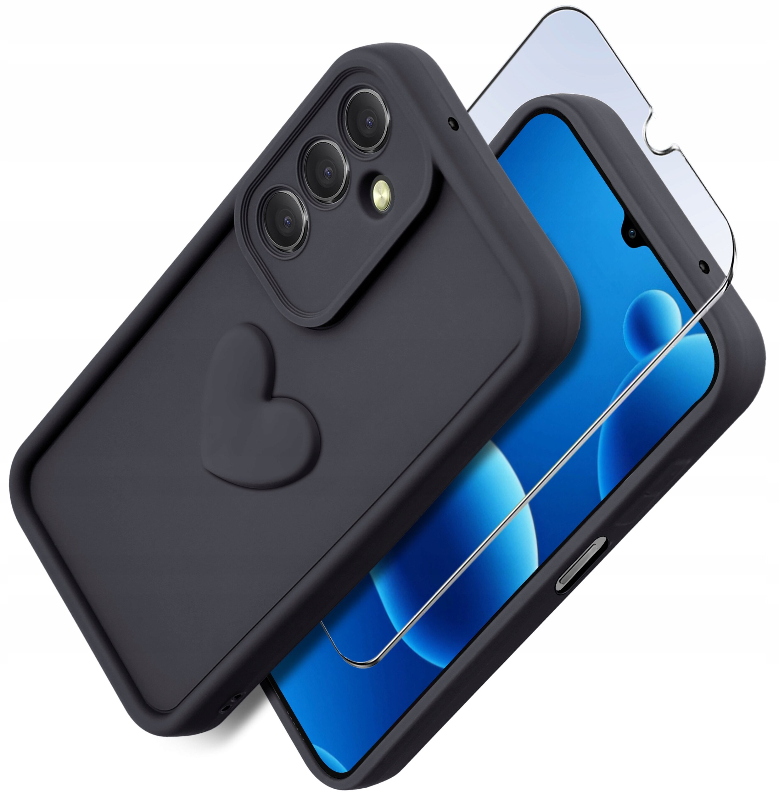 Na zdjęciu widoczne jest czarne, silikonowe etui do telefonu z trzema otworami na aparat oraz szkło ochronne na ekran. Produkt jest przedstawiony na białym tle.