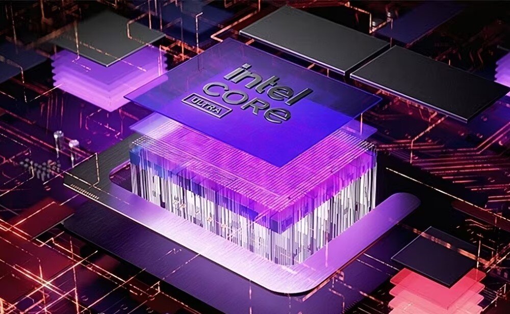 Obraz przedstawia stylizowaną grafikę procesora z widocznym napisem \'intel CORE ULTRA\'. Procesor otoczony jest elementami przypominającymi układy scalone w kolorach fioletowym i czarnym.