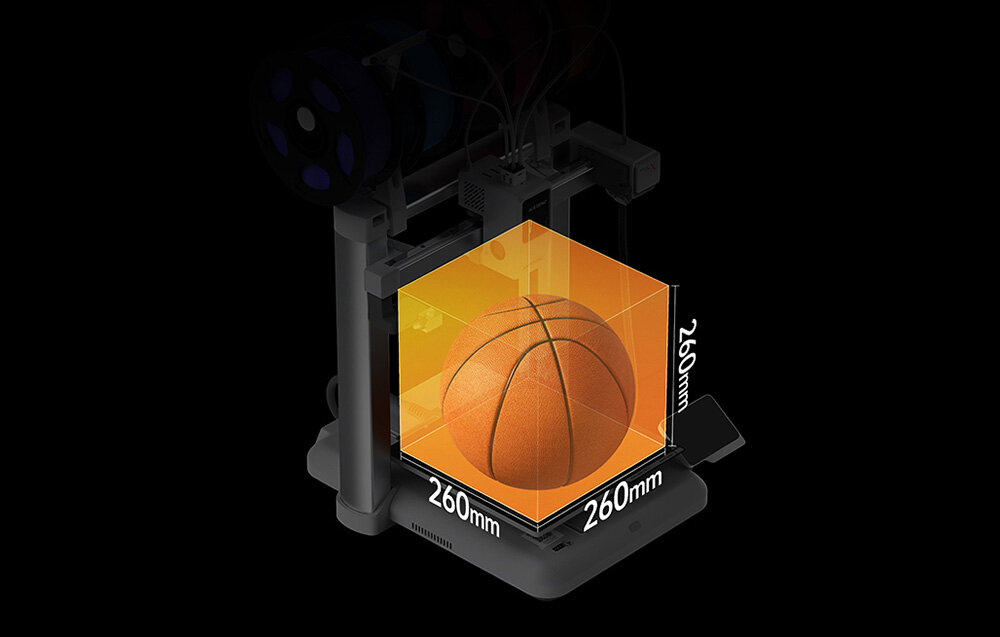 Drukarka 3D ANYCUBIC Kobra X Drukarka 3D z przezroczystym pomarańczowym obszarem roboczym i wydrukowaną piłką koszykową wewnątrz