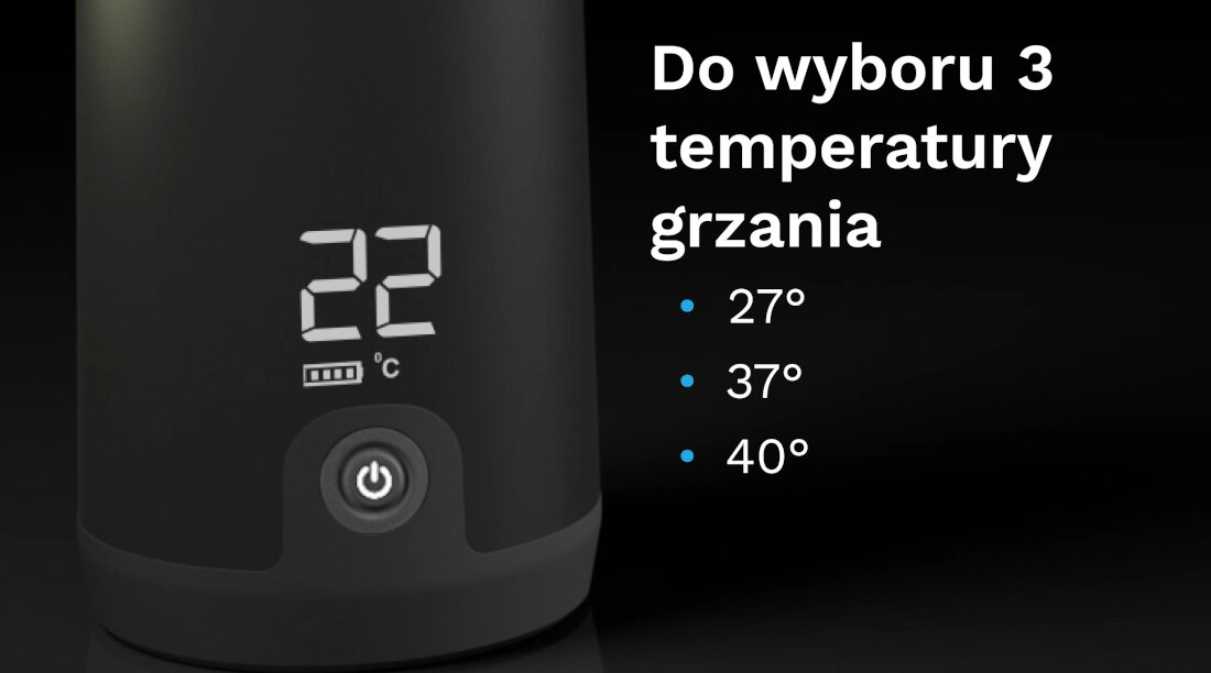Obraz przedstawia wyświetlacz z temperaturą 22°C oraz przyciskiem zasilania na urządzeniu. Obok znajduje się tekst: \'Do wyboru 3 temperatury grzania: 27°, 37°, 40°\'.