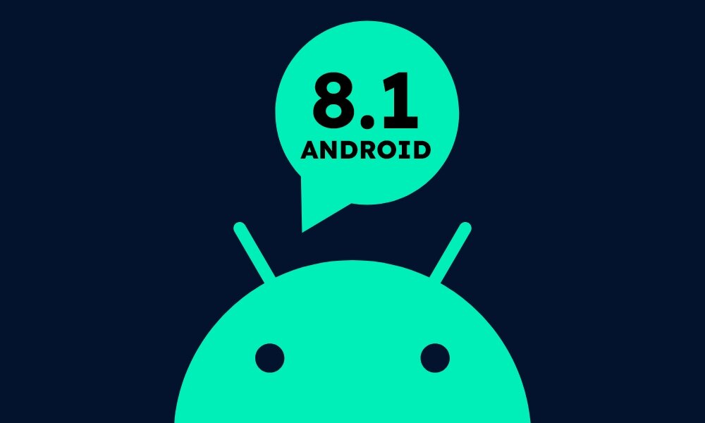 Grafika przedstawia zieloną ikonę robota Android z dwiema antenkami, nad którą znajduje się dymek z napisem \'8.1 ANDROID\'.