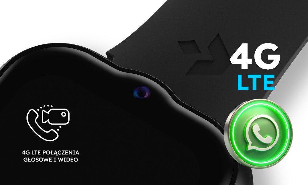 Zbliżenie na czarny smartwatch z logo \'4G LTE\' oraz ikoną kamery i telefonu. Tekst na ekranie: \'4G LTE POŁĄCZENIA GŁOSOWE I WIDEO\'.