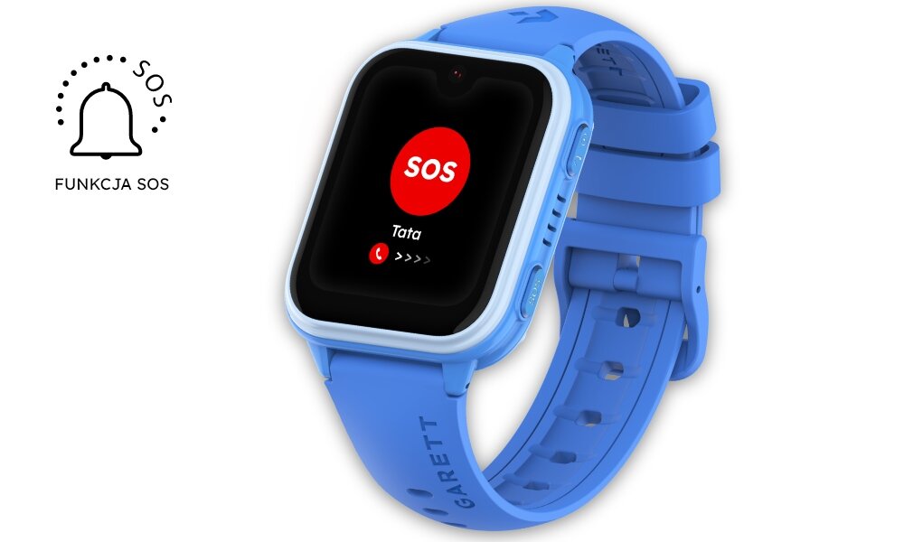 Niebieski smartwatch z wyświetlaczem pokazującym czerwony przycisk SOS i napis \'Tata\'. Obok zegarka znajduje się ikona dzwonka z napisem \'FUNKCJA SOS\'.