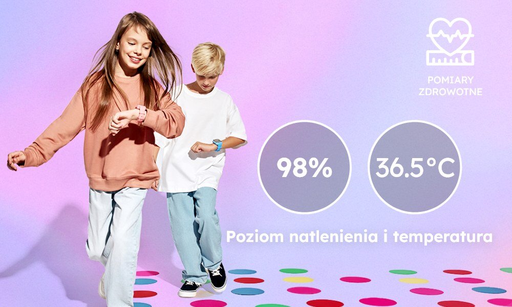 Dwoje dzieci bawi się na tle kolorowych kropek, jedno z nich nosi smartwatch. Na obrazie widnieją napisy: \'98%\', \'36.5°C\', \'Poziom natlenienia i temperatura\', oraz logo z tekstem \'POMIARY ZDROWOTNE\'.