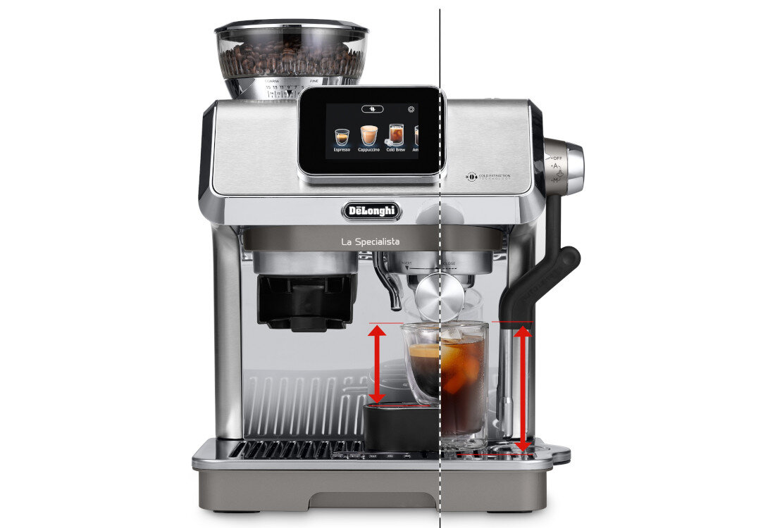 Ekspres do kawy z metaliczną obudową, wyświetlaczem dotykowym i logo \'DeLonghi\' na froncie. Na ekranie widoczne są ikony napojów: Espresso, Cappuccino, Cold Brew.