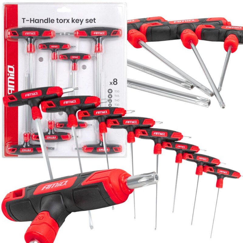 Zestaw kluczy imbusowych z rączką typu T w opakowaniu, z widocznym logo \'AMiO\' na każdym kluczu. Na opakowaniu widnieje napis \'T-Handle torx key set\' oraz lista rozmiarów: T50, T45, T40, T30.