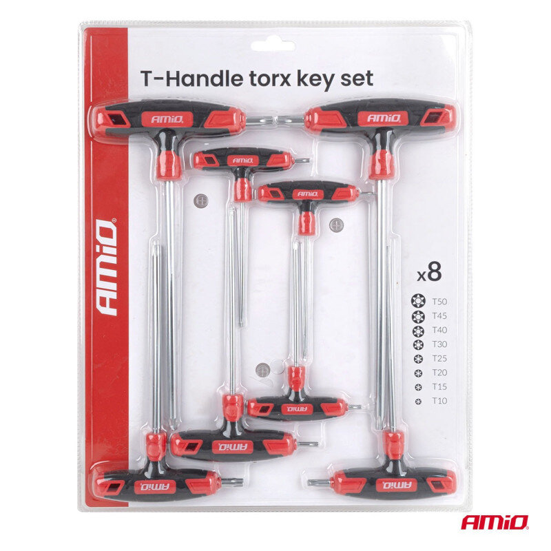 Zestaw kluczy imbusowych z rączką typu T, zawierający 8 sztuk, zapakowany w przezroczyste opakowanie. Widoczny tekst: \'T-Handle torx key set\', \'AMiO\', \'x8\', oraz lista rozmiarów T50, T45, T40, T30, T25, T20, T15, T10.