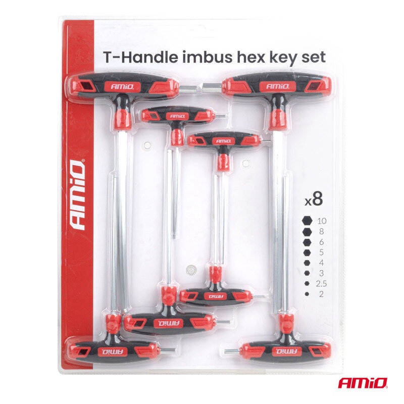 Zestaw kluczy imbusowych z rączką typu T, marki AMiO, zawiera osiem sztuk narzędzi o różnych rozmiarach. Na opakowaniu widoczny jest napis \'T-Handle imbus hex key set\' oraz logo AMiO.