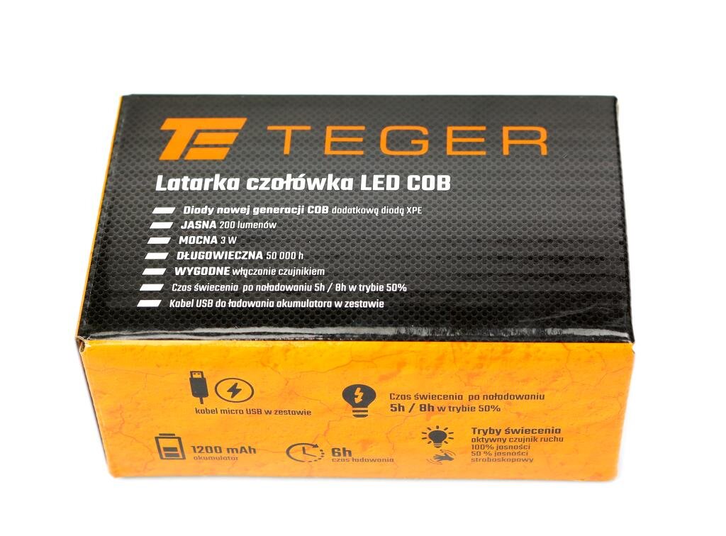 Opakowanie produktu z napisem \'TEGER Latarka czołówka LED COB\'. Widoczne są informacje o specyfikacji, takie jak jasność 200 lumenów, moc 3 W, czas świecenia 5h/8h, oraz obecność kabla micro USB w zestawie.