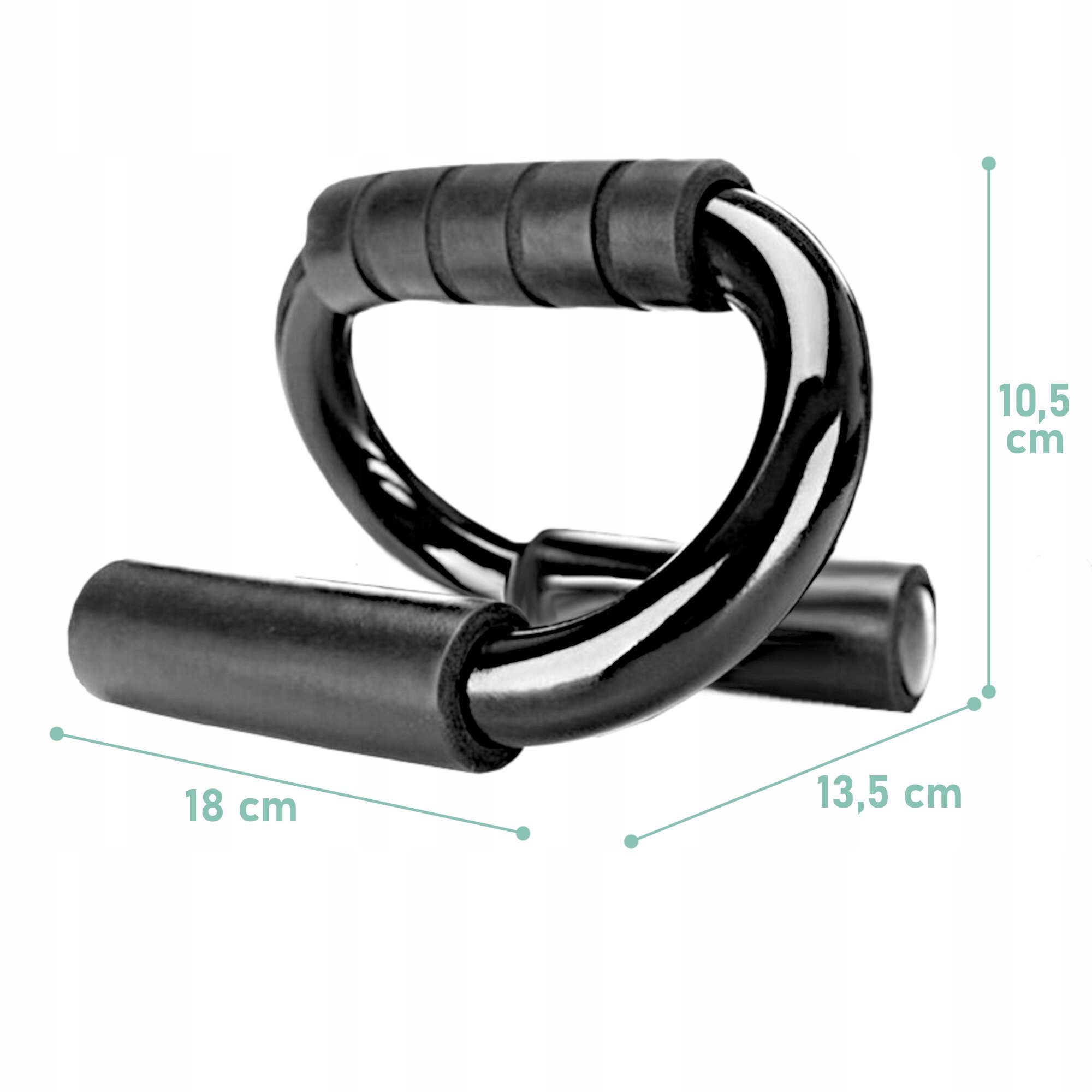 Na obrazie widoczne są stalowe uchwyty do pompek z czarnymi, piankowymi rączkami. Obok uchwytów znajdują się wymiary: 18 cm, 13,5 cm i 10,5 cm.