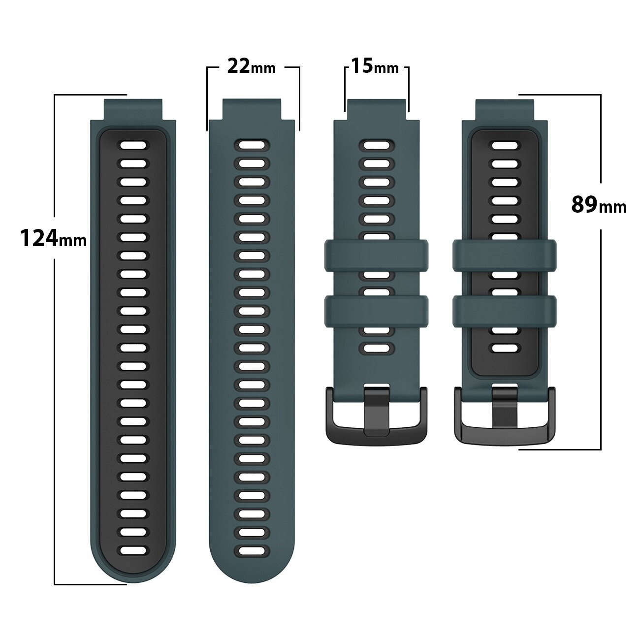 Obraz przedstawia dwa silikonowe paski do zegarka w kolorze ciemnozielonym z czarnymi elementami. Wymiary pasków to 124 mm i 89 mm długości oraz 22 mm i 15 mm szerokości.