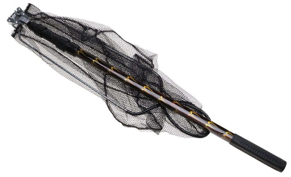 Podbierak teleskopowy składany wędkarski z czarną siatką i teleskopowym uchwytem.