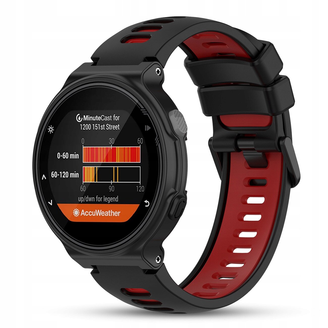 Czarny zegarek sportowy z czerwonymi akcentami na pasku, wyświetlający na ekranie informacje pogodowe z aplikacji AccuWeather, w tym MinuteCast dla 1200 151st Street.