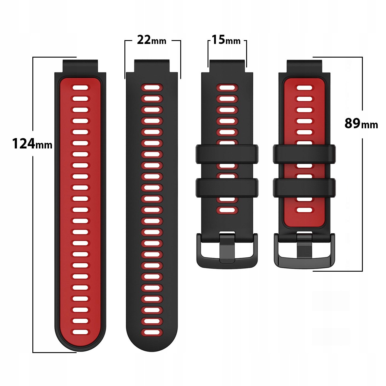Obraz przedstawia dwa silikonowe paski do zegarka w kolorze czarno-czerwonym z otworami na całej długości. Wymiary pasków to 124 mm i 89 mm, a szerokość to 22 mm i 15 mm.