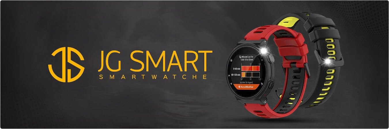 Na ciemnym tle widoczne są dwa zegarki z silikonowymi paskami, jeden czerwony, drugi czarny z żółtymi akcentami. Obok znajduje się logo \'JG SMART SMARTWATCHE\'.