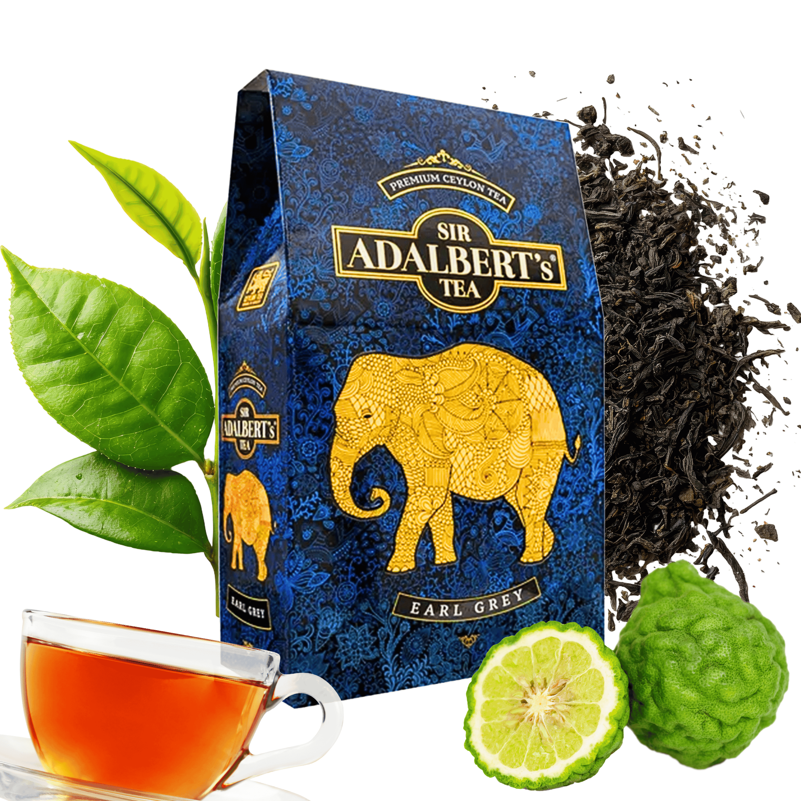 Opakowanie herbaty Sir Adalbert\'s Tea Earl Grey z widocznym złotym słoniem na niebieskim tle. Obok znajdują się liście herbaty, plasterek bergamotki i filiżanka herbaty.