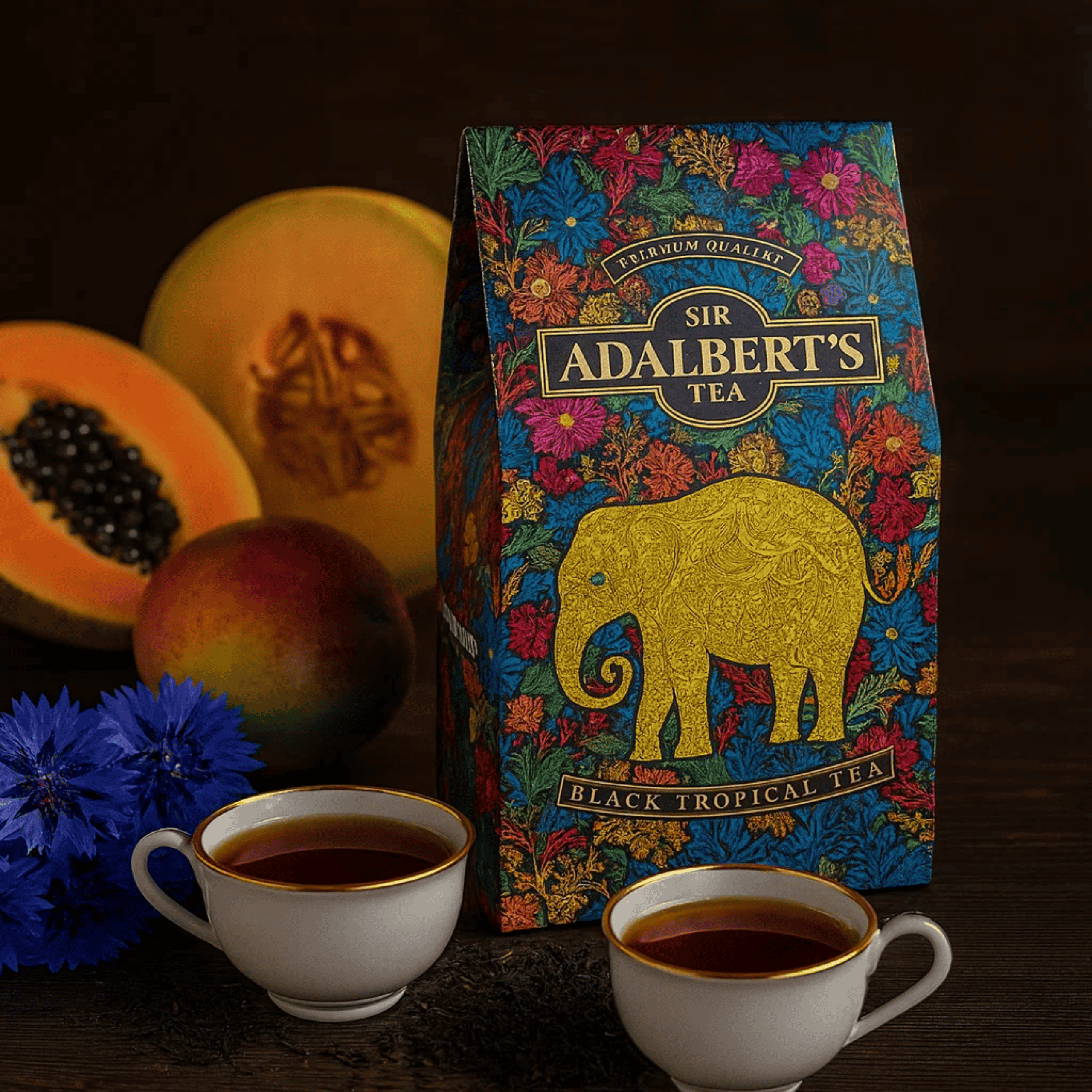 Opakowanie herbaty Sir Adalbert’s Black Tropical Tea z kolorowym wzorem kwiatów i złotym słoniem na ciemnym tle. Obok znajdują się dwie filiżanki z herbatą oraz owoce, w tym papaja i mango.
