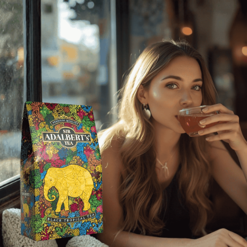Kobieta pije herbatę z filiżanki, obok niej znajduje się opakowanie herbaty Sir Adalbert’s Tea z kolorowym wzorem i napisem \'Black Tropical\'.