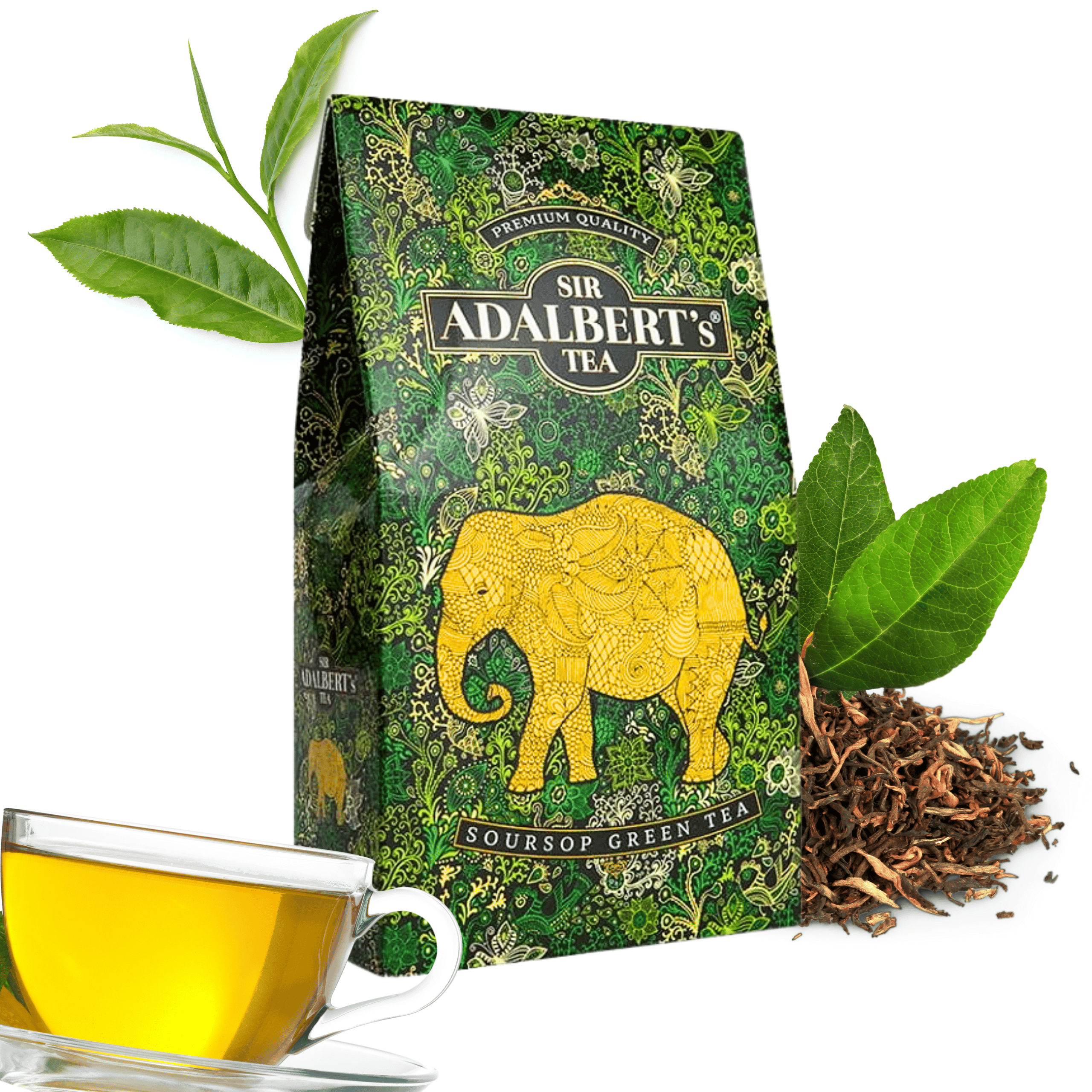 Opakowanie herbaty Sir Adalbert\'s Tea z zielonym wzorem i żółtym słoniem, obok filiżanka z herbatą, liście i susz herbaciany. Na opakowaniu widoczny napis: \'Soursop Green Tea\'.
