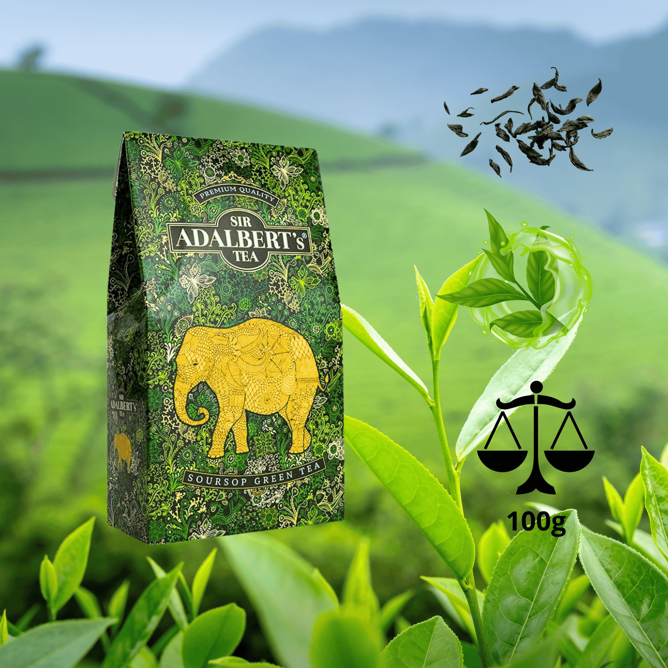 Opakowanie zielonej herbaty Adalbert’s Soursop Green Tea z wizerunkiem złotego słonia na tle zielonych liści herbaty i krajobrazu plantacji. Na opakowaniu widoczny jest napis \'SIR ADALBERT\'S TEA\' oraz \'SOURSOP GREEN TEA\'.