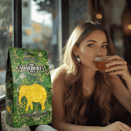 Opakowanie herbaty Sir Adalbert\'s Soursop Green Tea z zielonym wzorem i żółtym słoniem. Obok osoba pijąca herbatę z filiżanki.