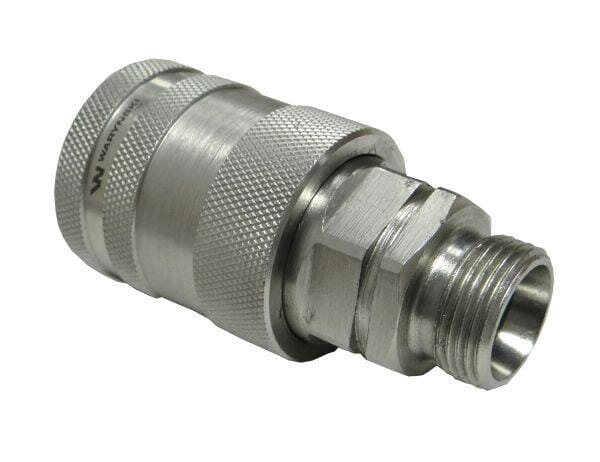 Metalowe szybkozłącze hydrauliczne z gwintem zewnętrznym, z widocznym logo \'Waryński\' na powierzchni. Produkt ma teksturowaną powierzchnię dla lepszego chwytu.